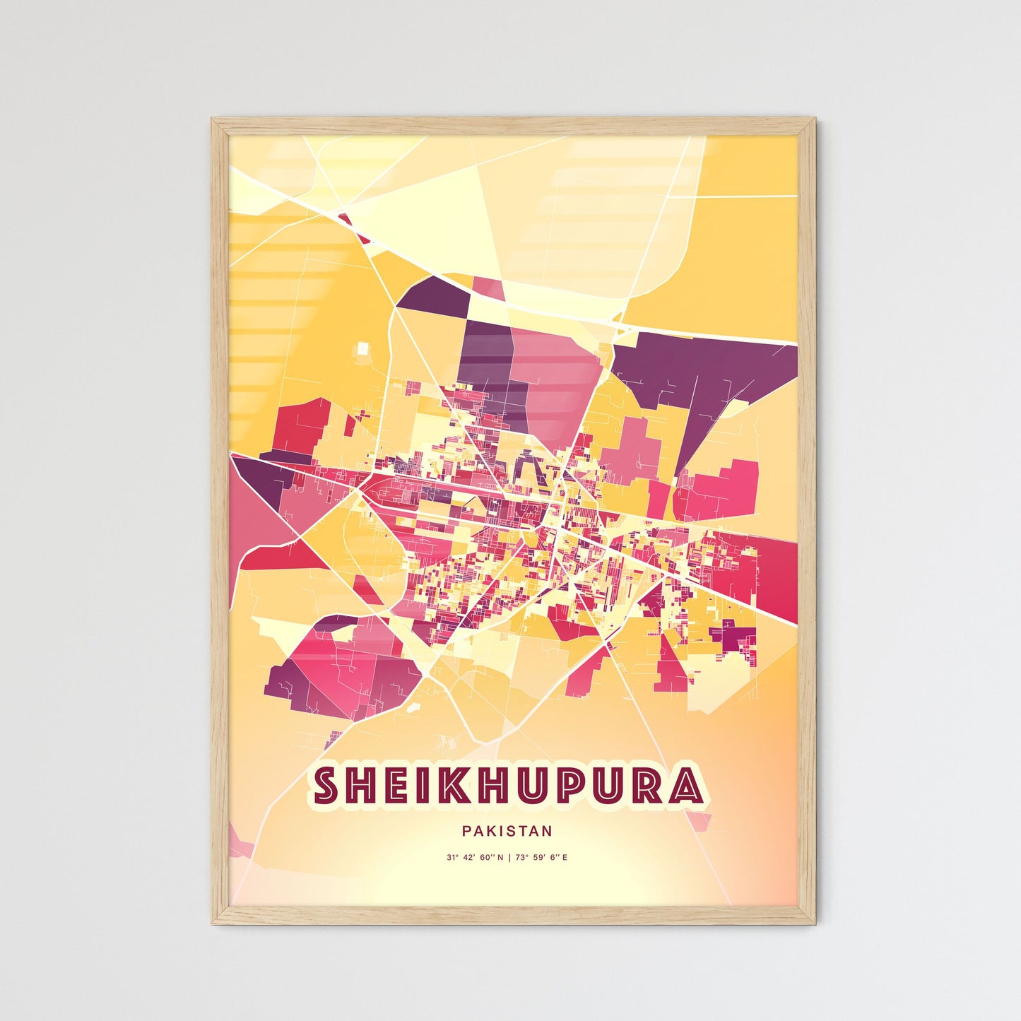 Colorful SHEIKHUPURA PAKISTAN Fine Art Map Hot Red