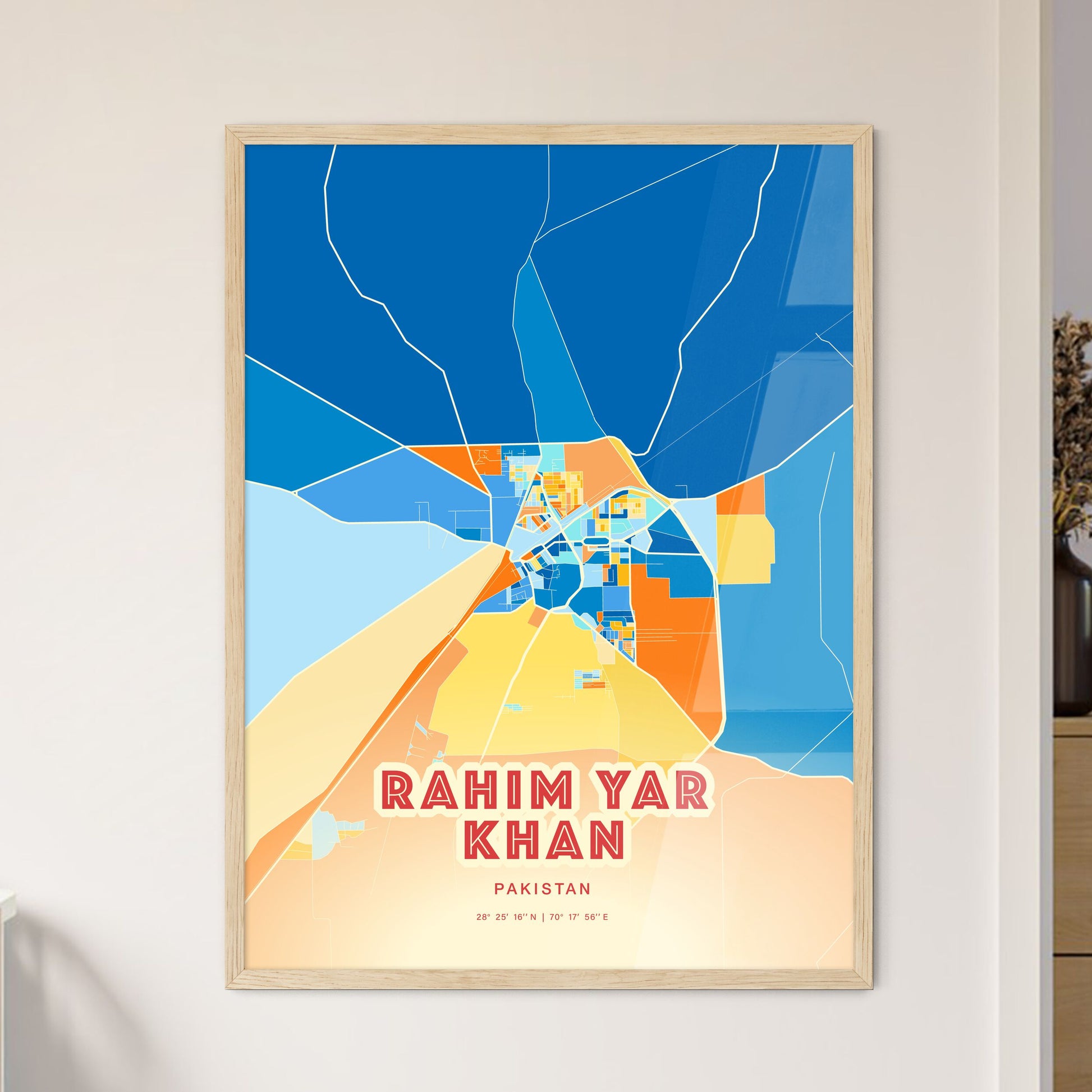 Colorful RAHIM YAR KHAN PAKISTAN Fine Art Map Blue Orange