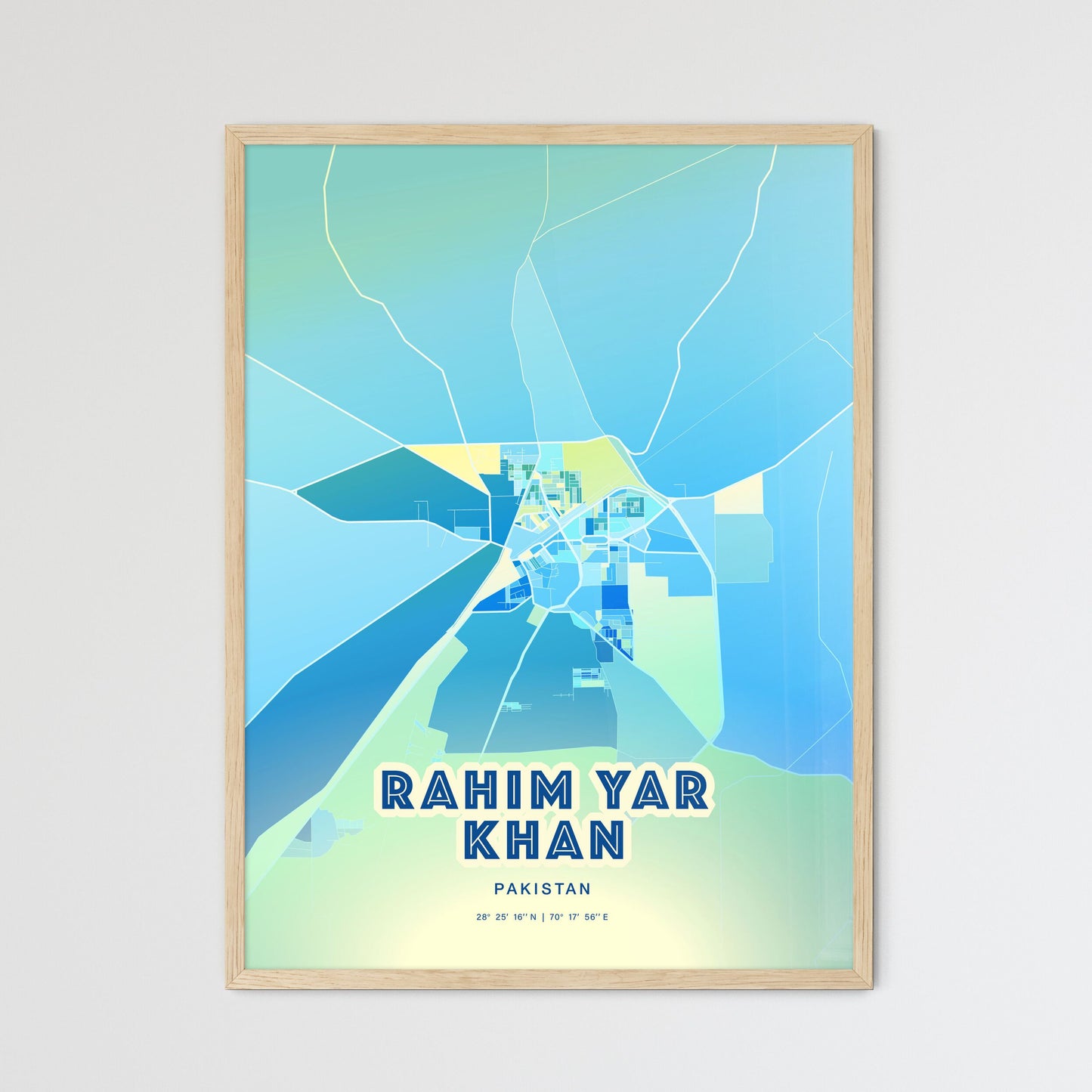 Colorful RAHIM YAR KHAN PAKISTAN Fine Art Map Cool Blue