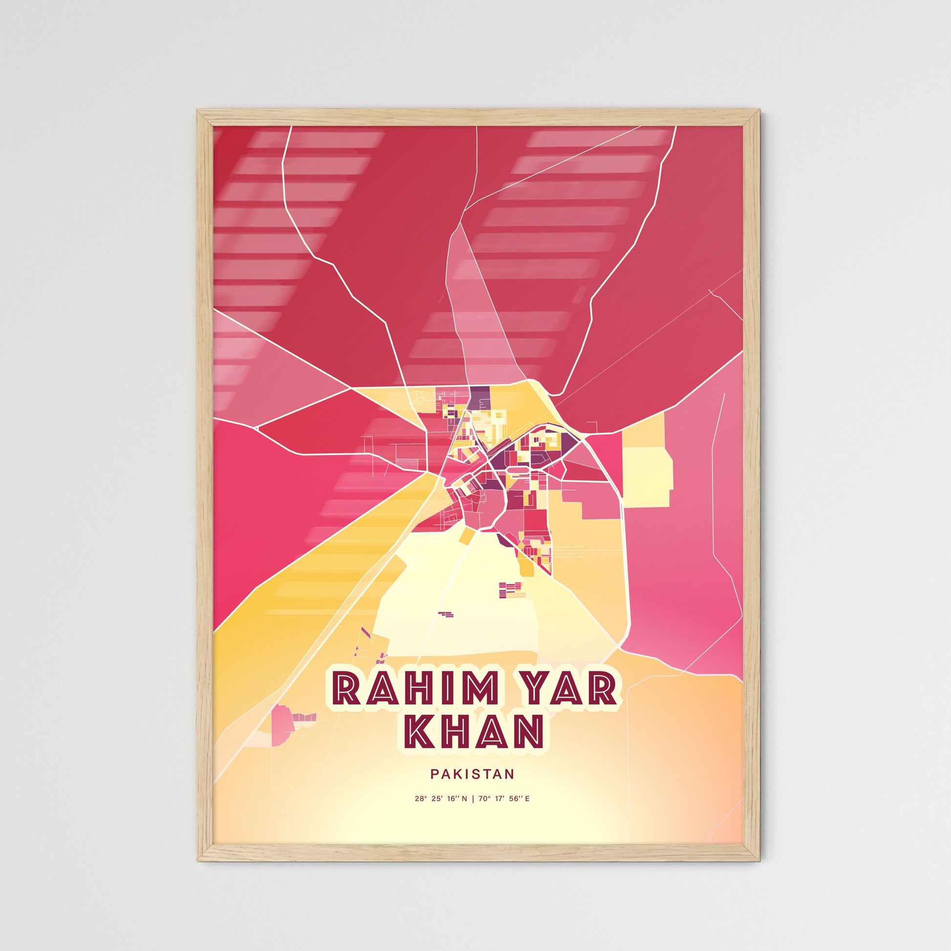 Colorful RAHIM YAR KHAN PAKISTAN Fine Art Map Hot Red