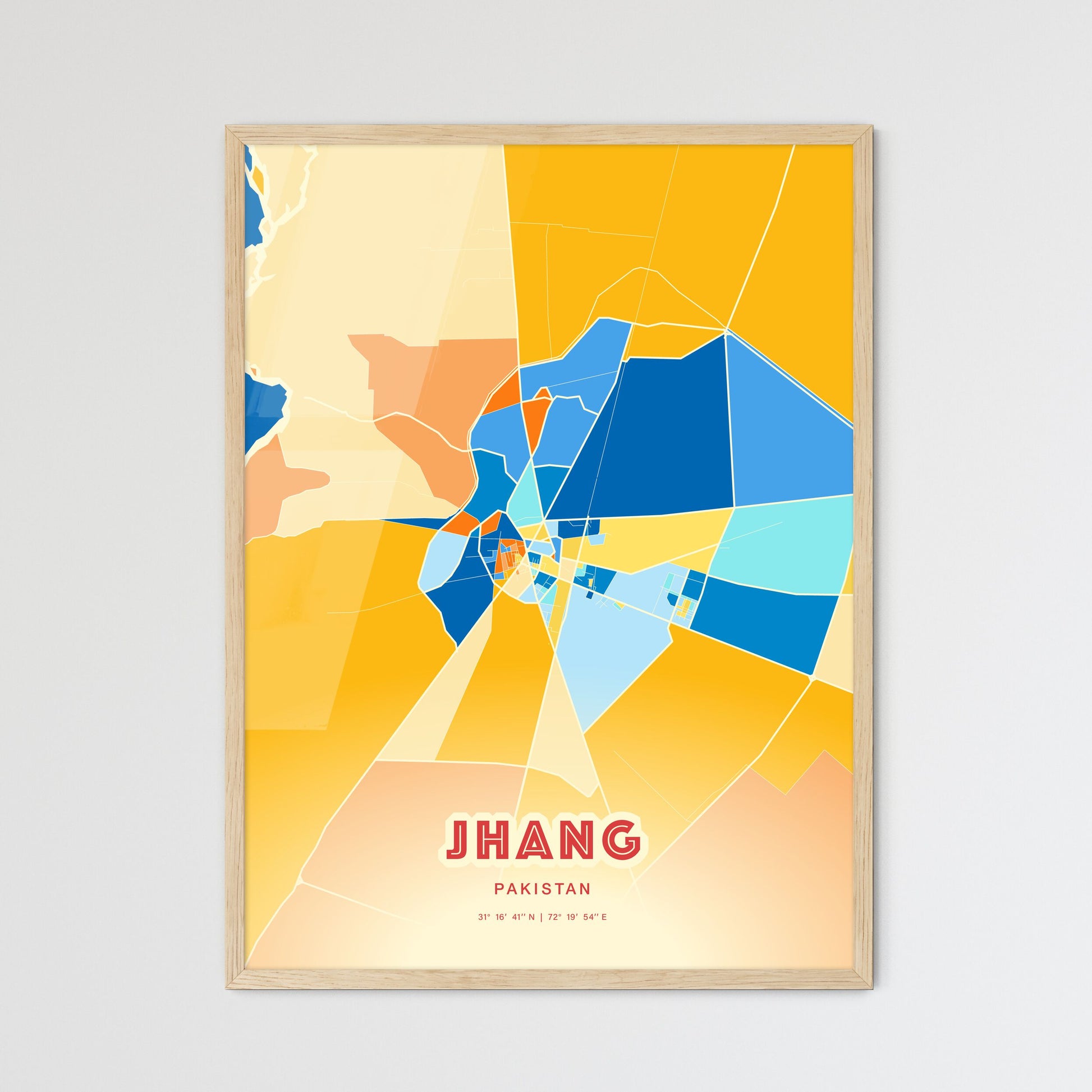 Colorful JHANG PAKISTAN Fine Art Map Blue Orange