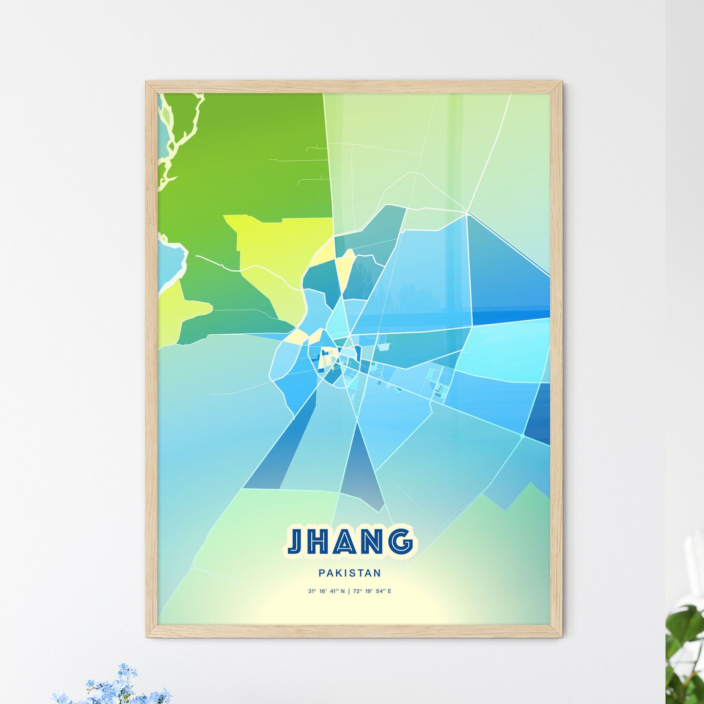 Colorful JHANG PAKISTAN Fine Art Map Cool Blue