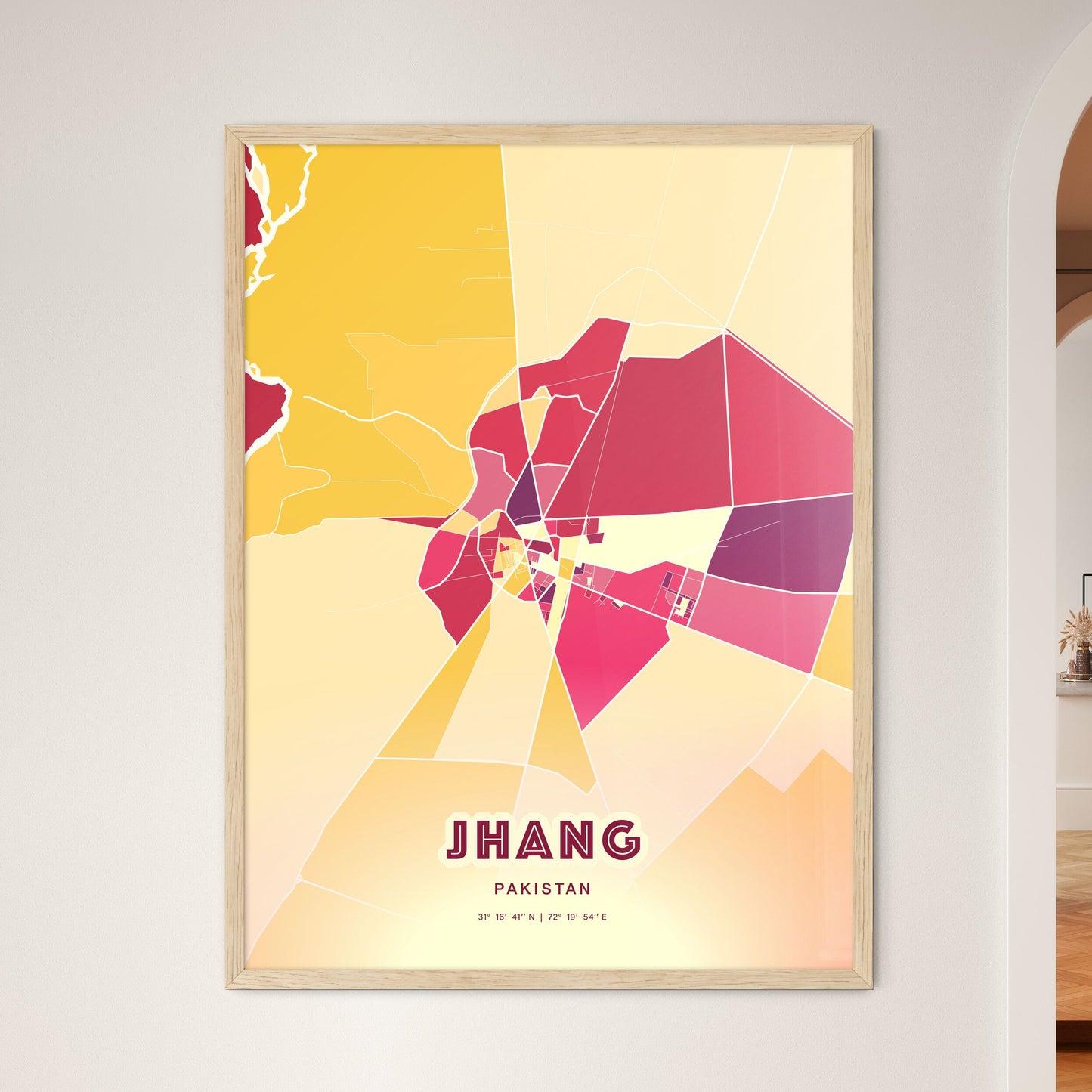 Colorful JHANG PAKISTAN Fine Art Map Hot Red