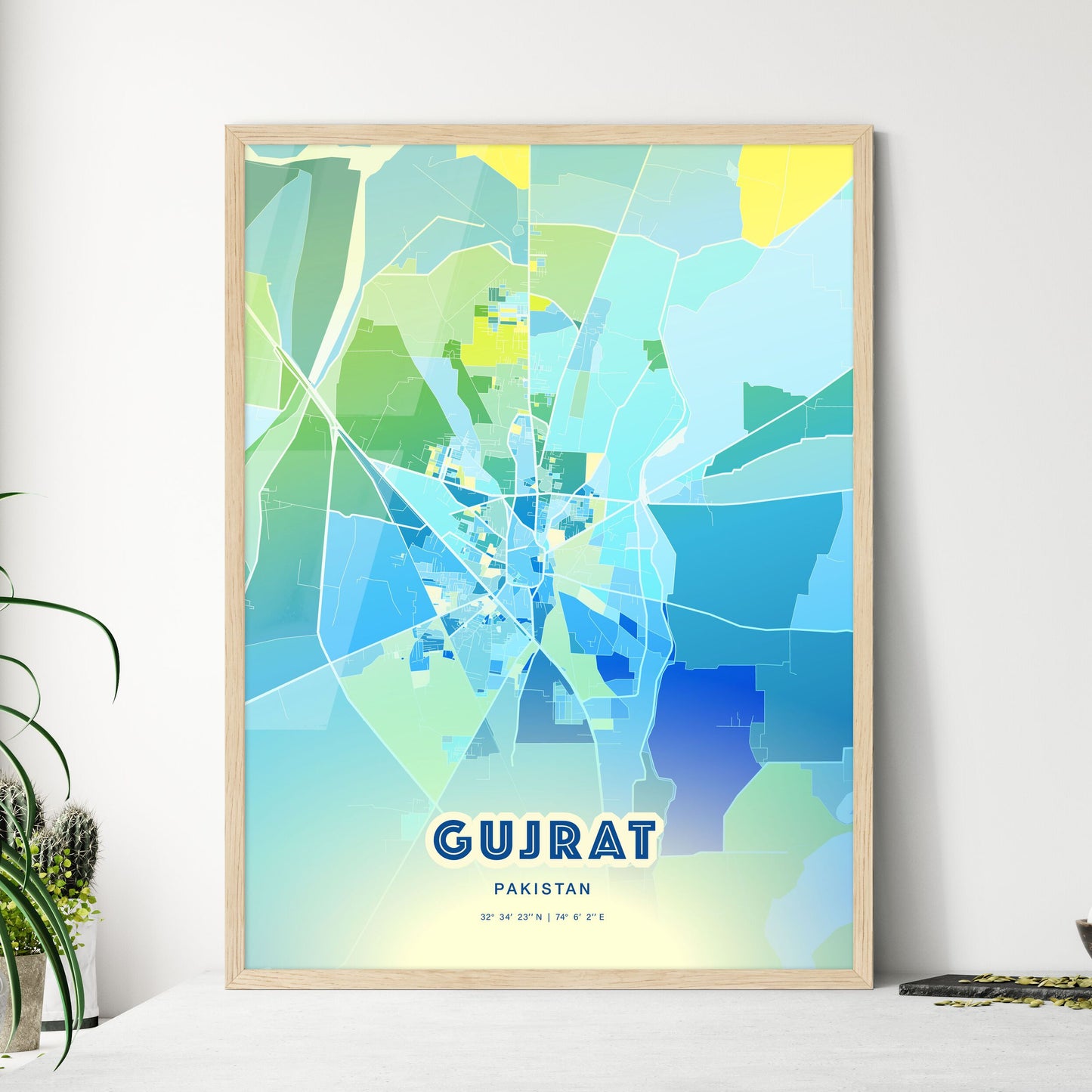 Colorful GUJRAT PAKISTAN Fine Art Map Cool Blue