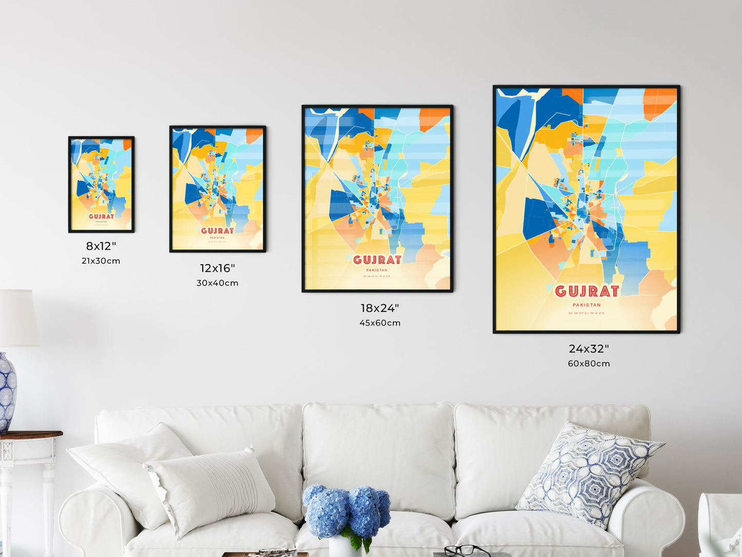 Colorful GUJRAT PAKISTAN Fine Art Map Blue Orange