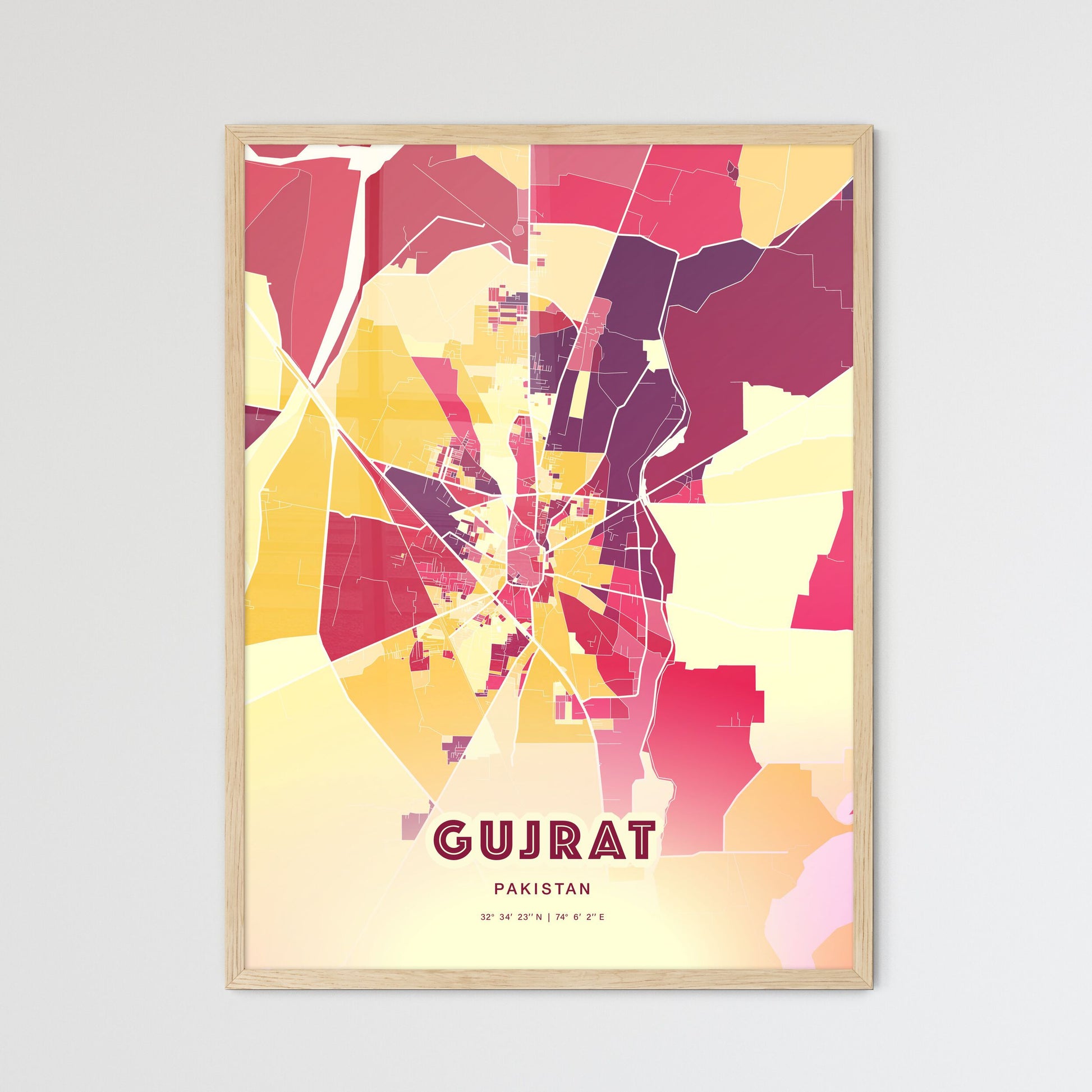 Colorful GUJRAT PAKISTAN Fine Art Map Hot Red