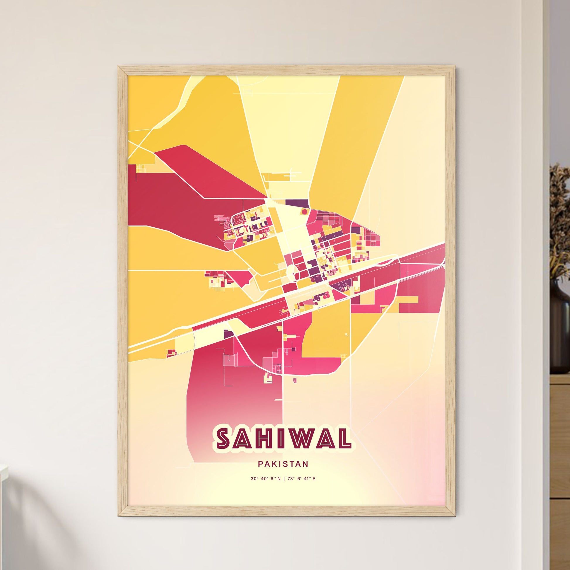 Colorful SAHIWAL PAKISTAN Fine Art Map Hot Red