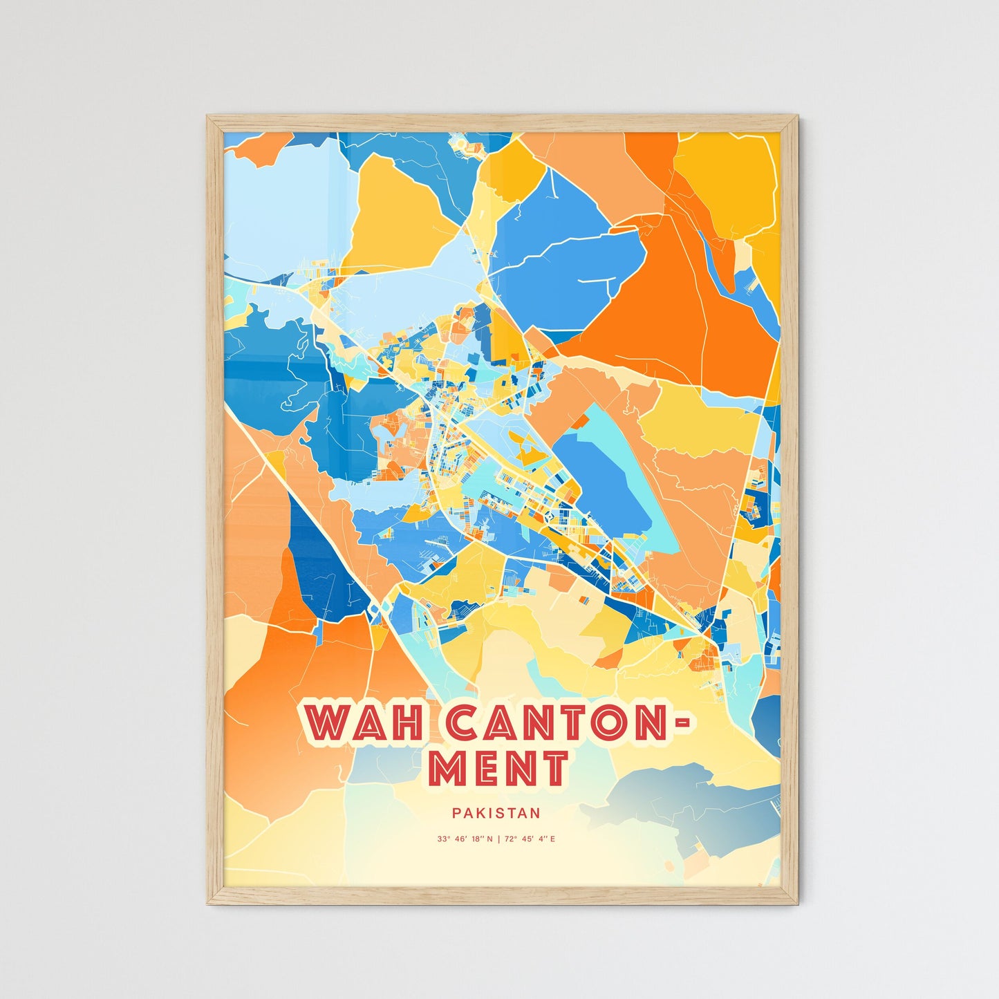 Colorful WAH CANTONMENT PAKISTAN Fine Art Map Blue Orange