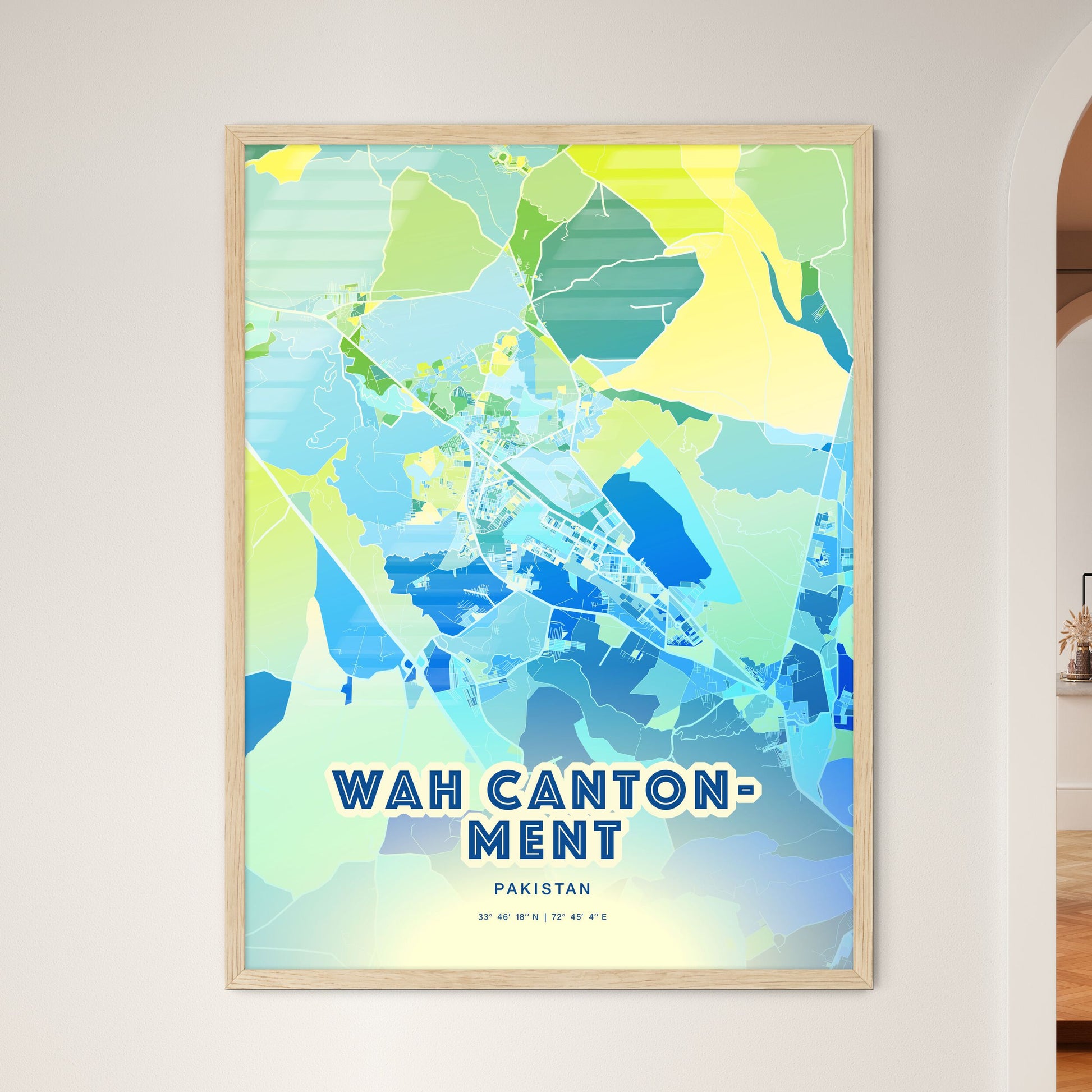 Colorful WAH CANTONMENT PAKISTAN Fine Art Map Cool Blue