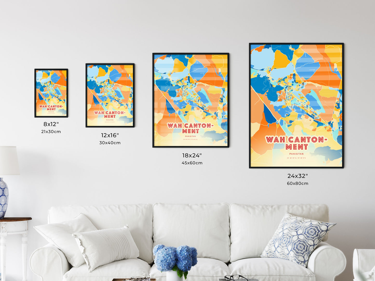 Colorful WAH CANTONMENT PAKISTAN Fine Art Map Blue Orange