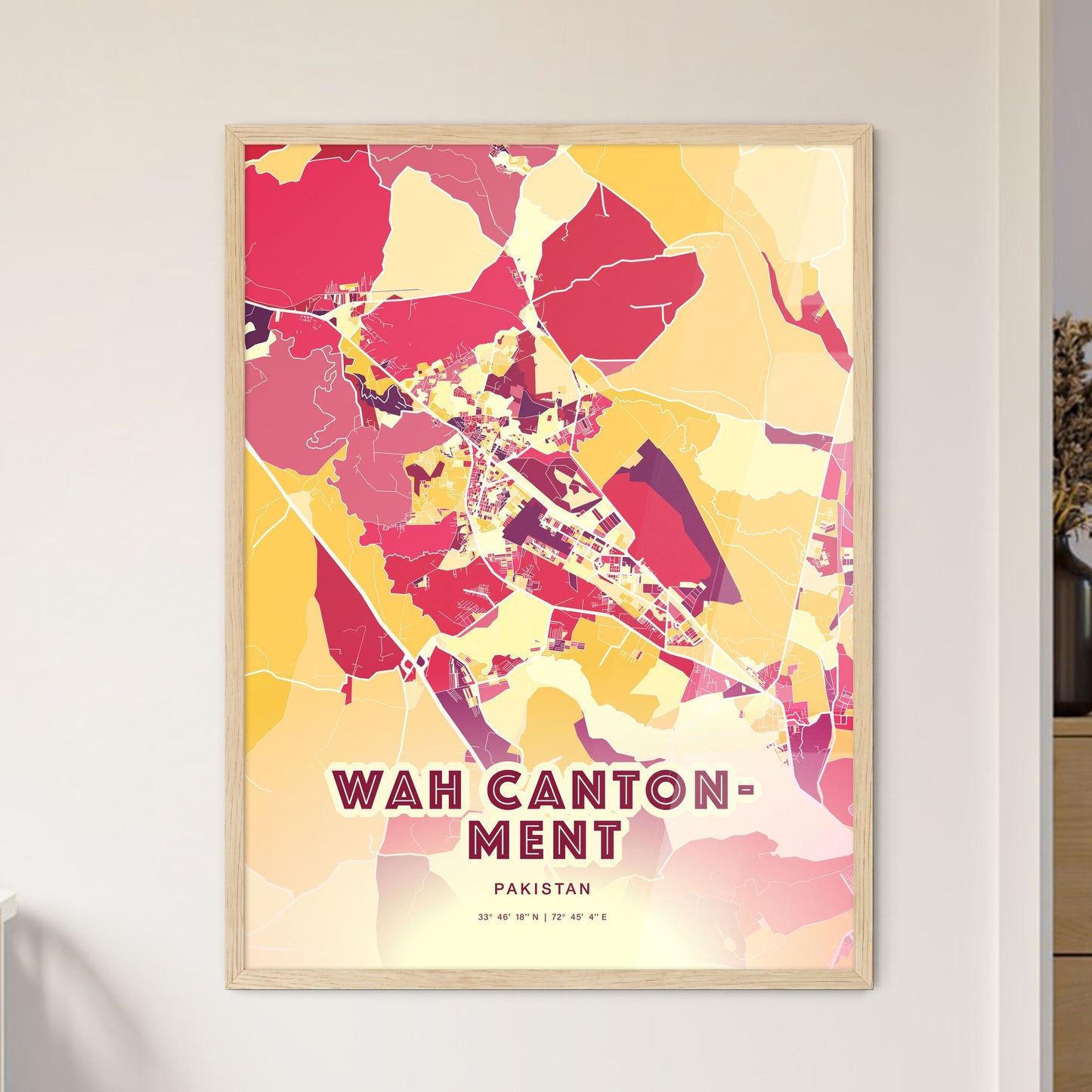 Colorful WAH CANTONMENT PAKISTAN Fine Art Map Hot Red