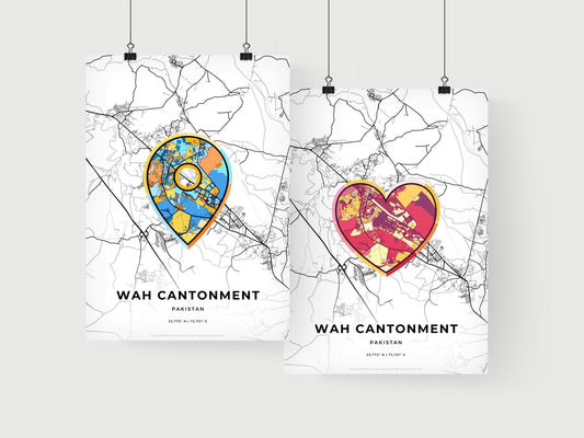 WAH CANTONMENT PAKISTAN minimal art map with a colorful icon. Where it all began, Couple map gift.