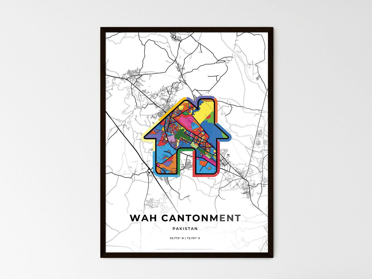 WAH CANTONMENT PAKISTAN minimal art map with a colorful icon. Where it all began, Couple map gift. Style 3