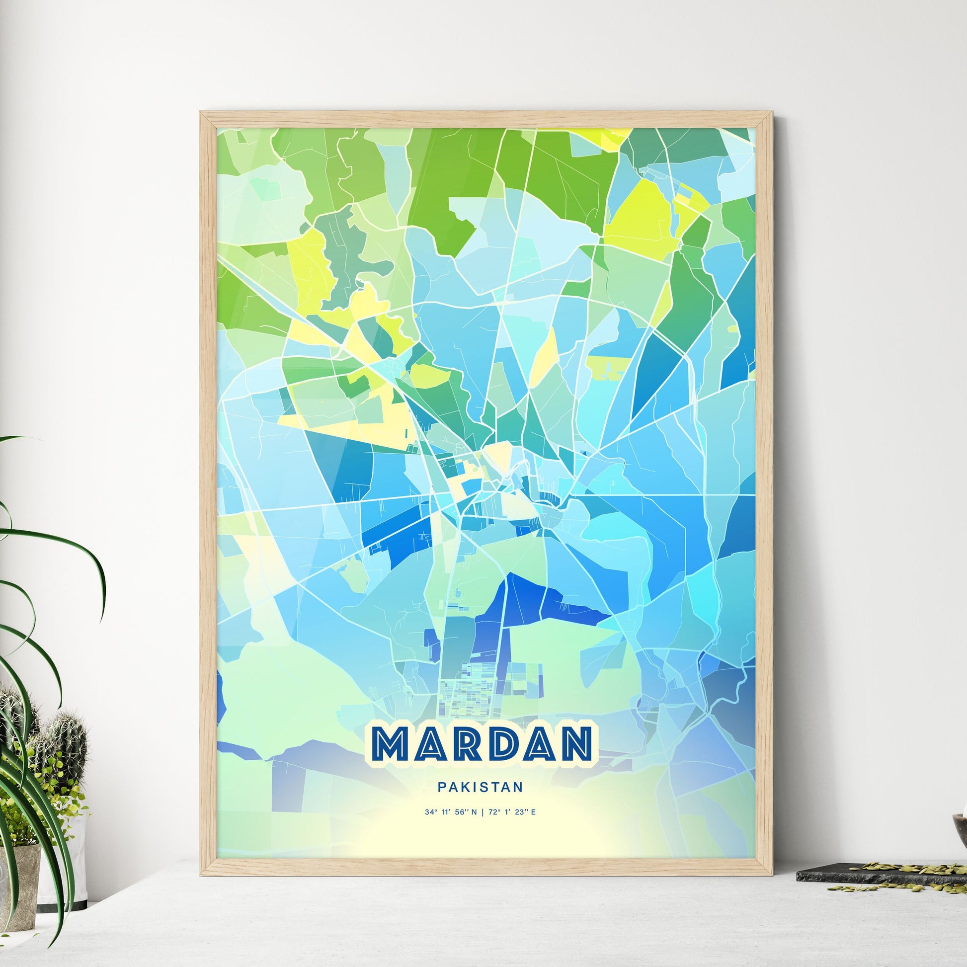 Colorful MARDAN PAKISTAN Fine Art Map Cool Blue