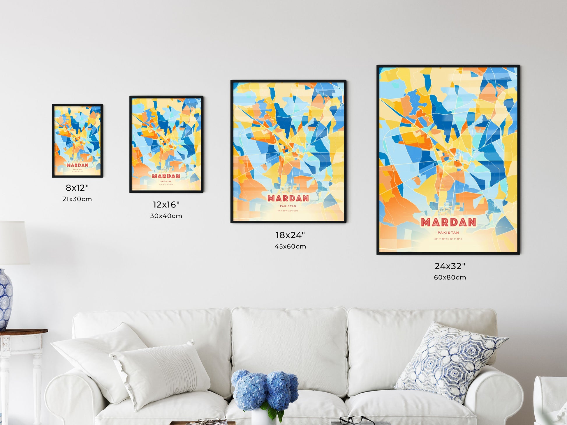 Colorful MARDAN PAKISTAN Fine Art Map Blue Orange