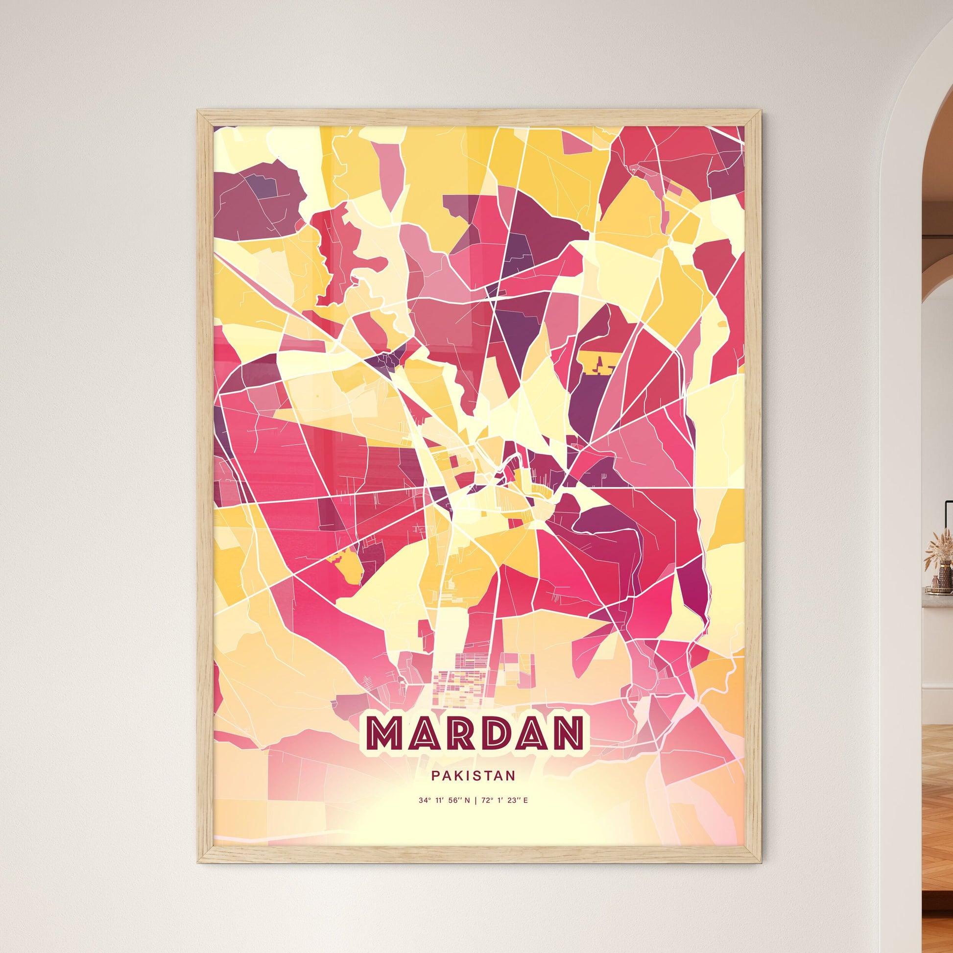 Colorful MARDAN PAKISTAN Fine Art Map Hot Red