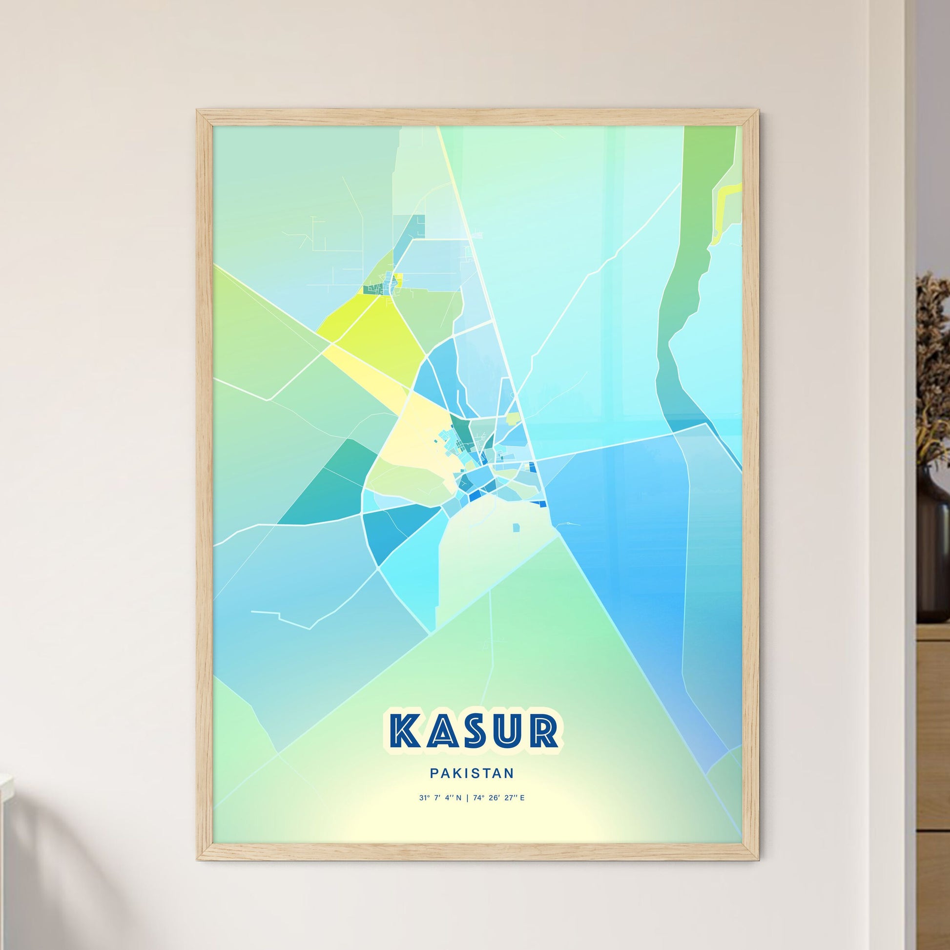 Colorful KASUR PAKISTAN Fine Art Map Cool Blue