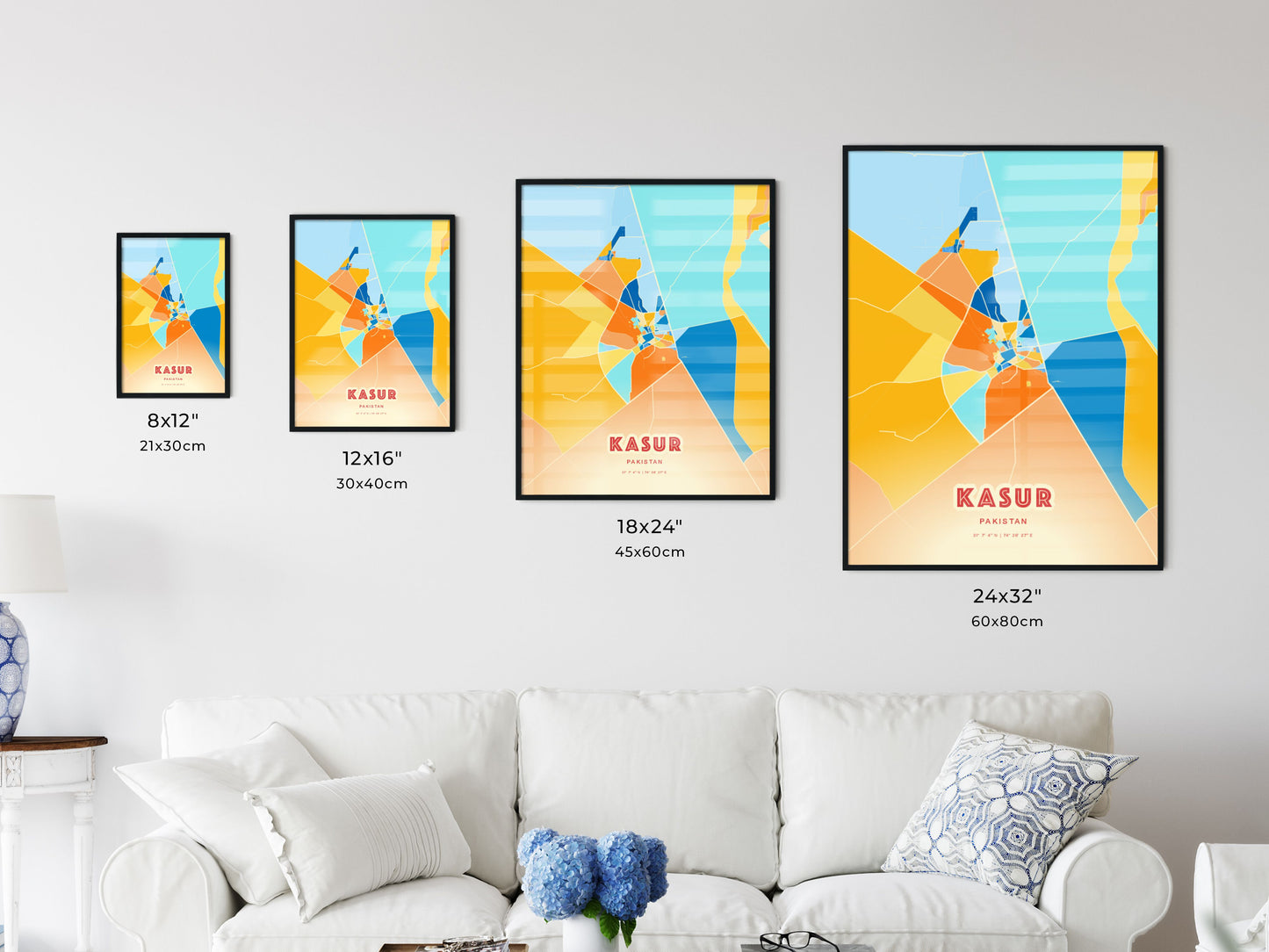 Colorful KASUR PAKISTAN Fine Art Map Blue Orange