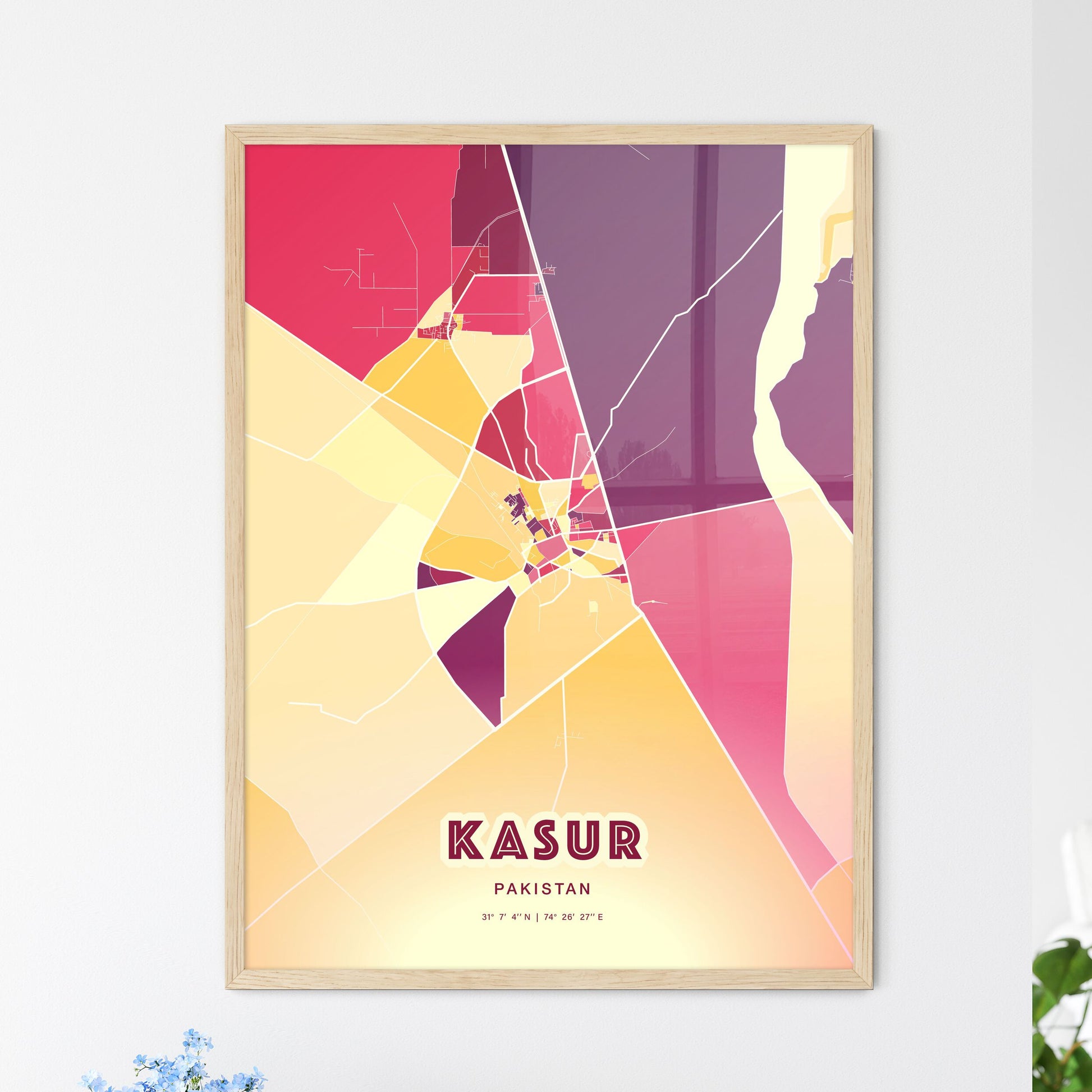 Colorful KASUR PAKISTAN Fine Art Map Hot Red