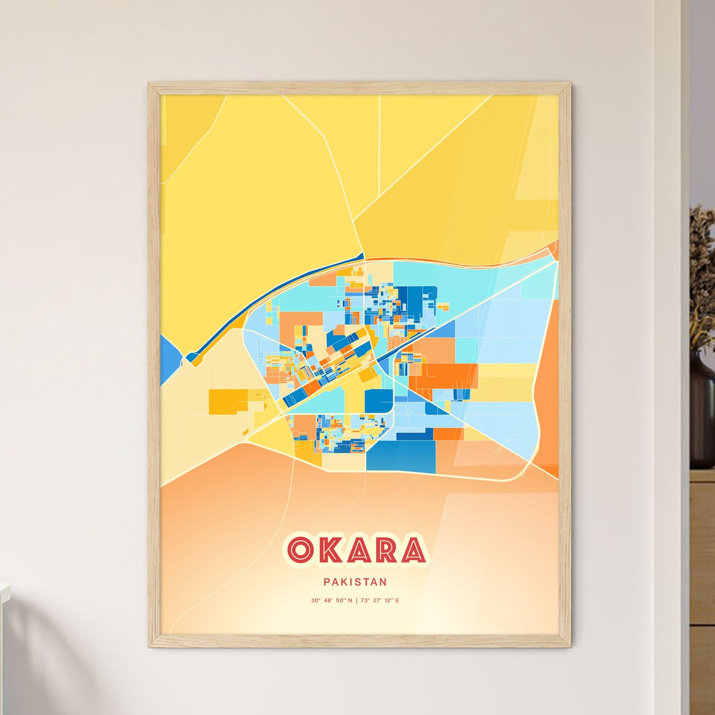 Colorful OKARA PAKISTAN Fine Art Map Blue Orange