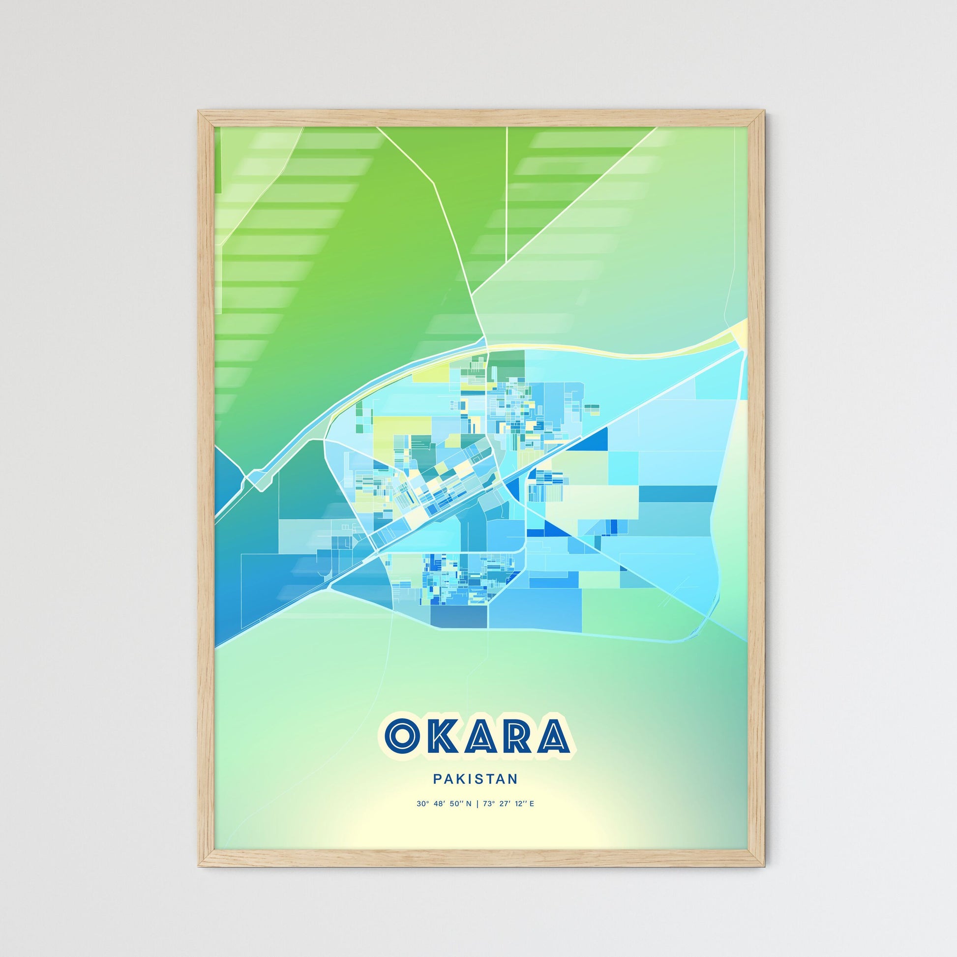 Colorful OKARA PAKISTAN Fine Art Map Cool Blue