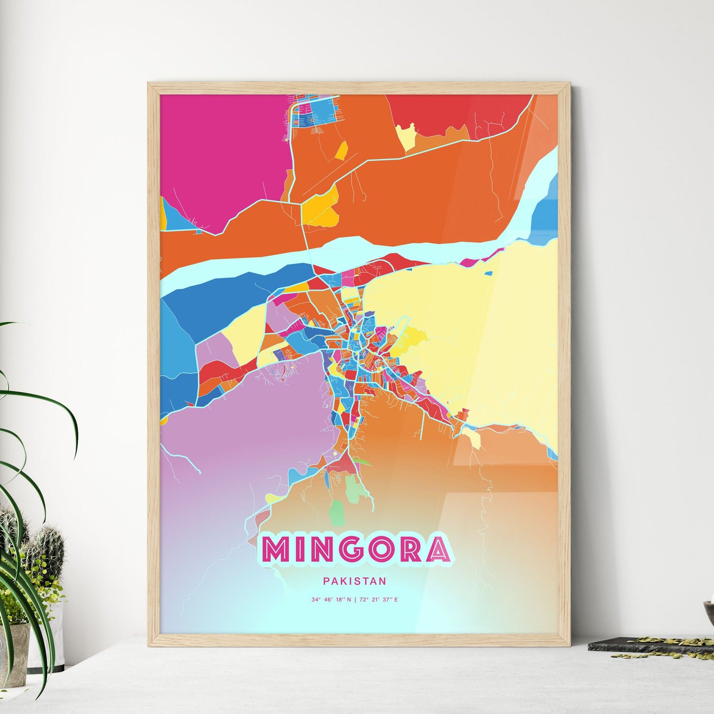 Colorful MINGORA PAKISTAN Fine Art Map Crazy Colors