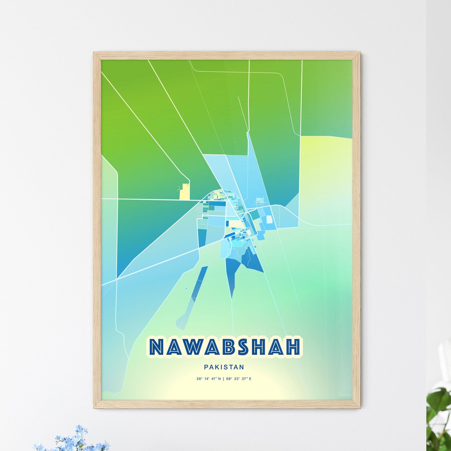 Colorful NAWABSHAH PAKISTAN Fine Art Map Cool Blue