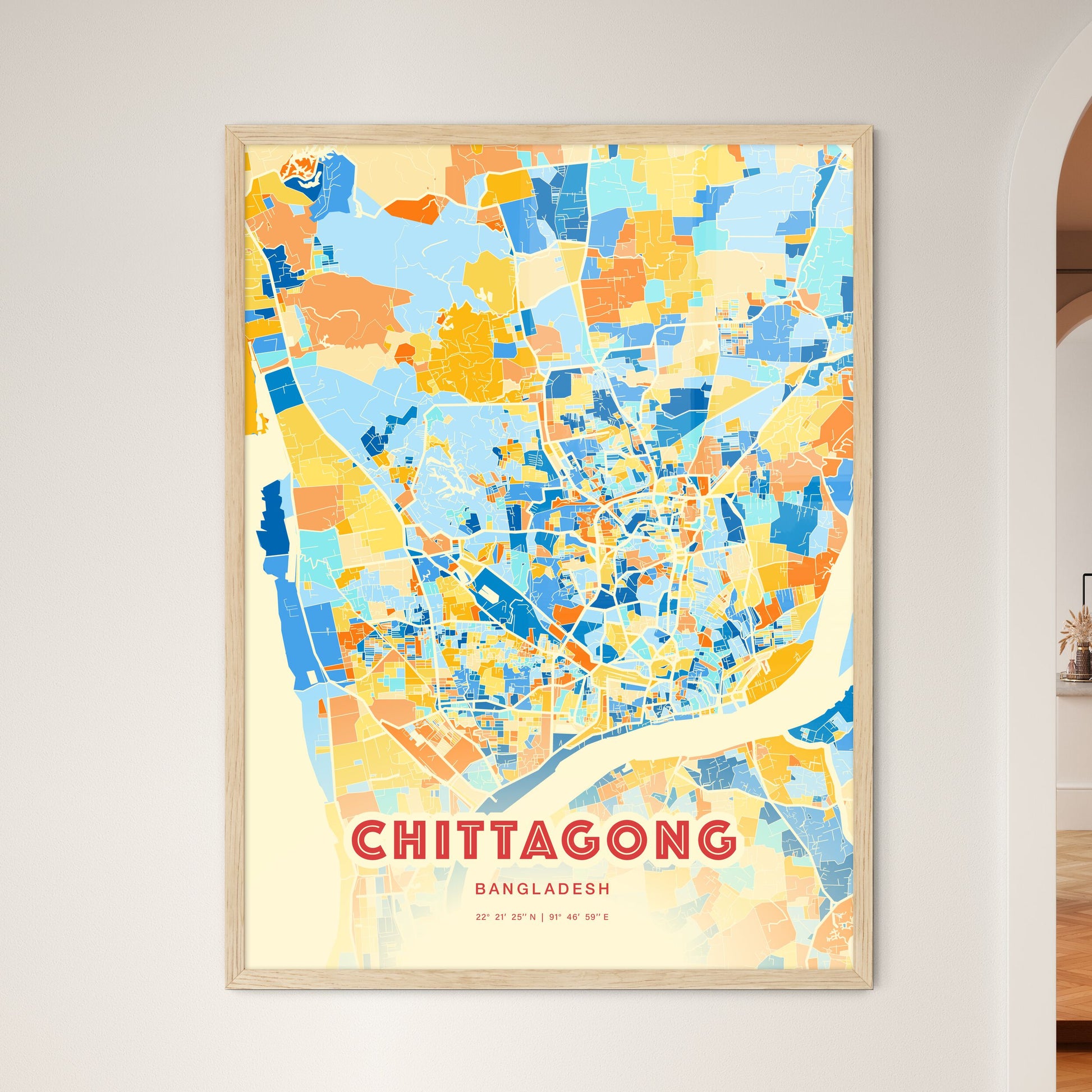 Colorful Chittagong Bangladesh Fine Art Map Blue Orange