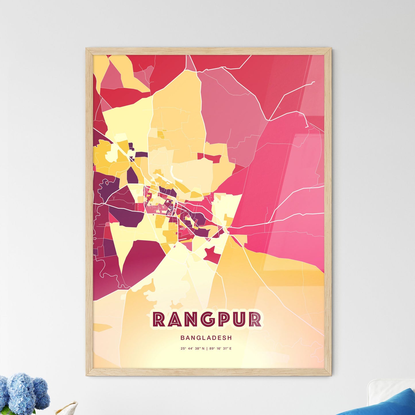 Colorful RANGPUR BANGLADESH Fine Art Map Hot Red