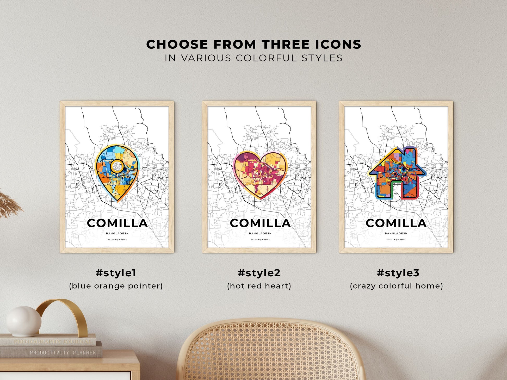 COMILLA BANGLADESH minimal art map with a colorful icon. Where it all began, Couple map gift.