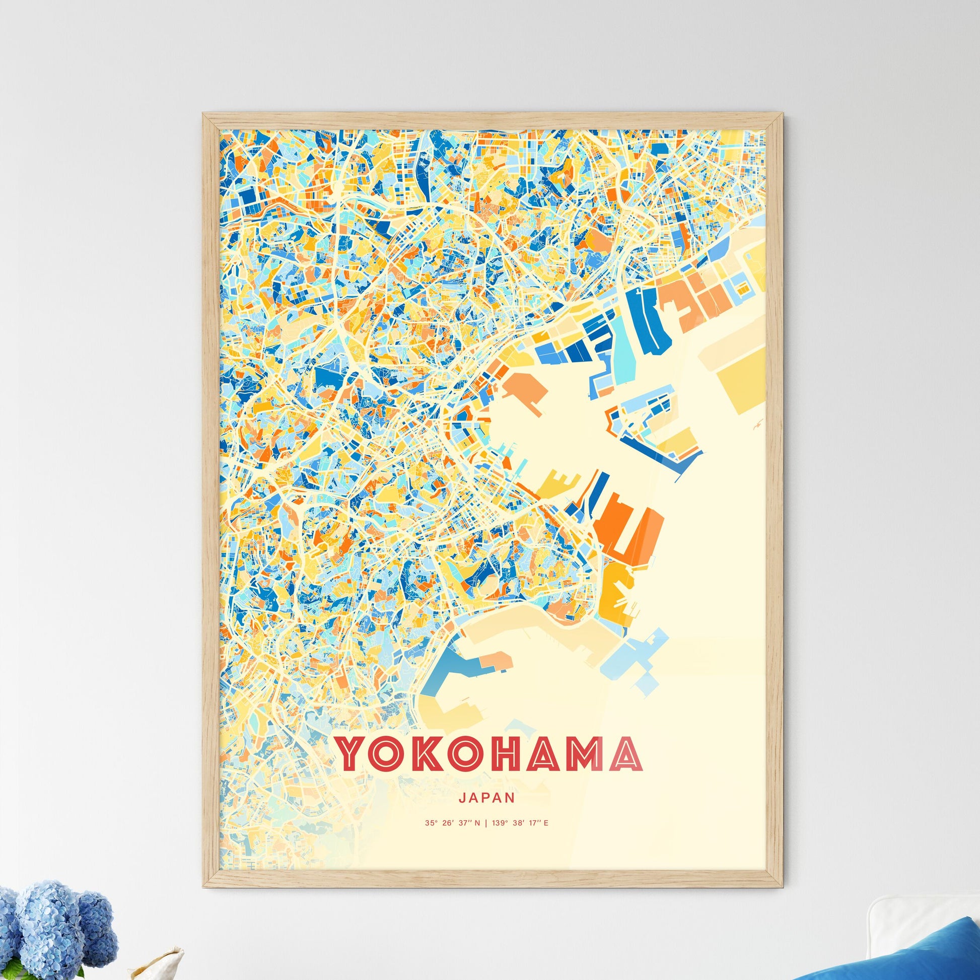 Colorful Yokohama Japan Fine Art Map Blue Orange