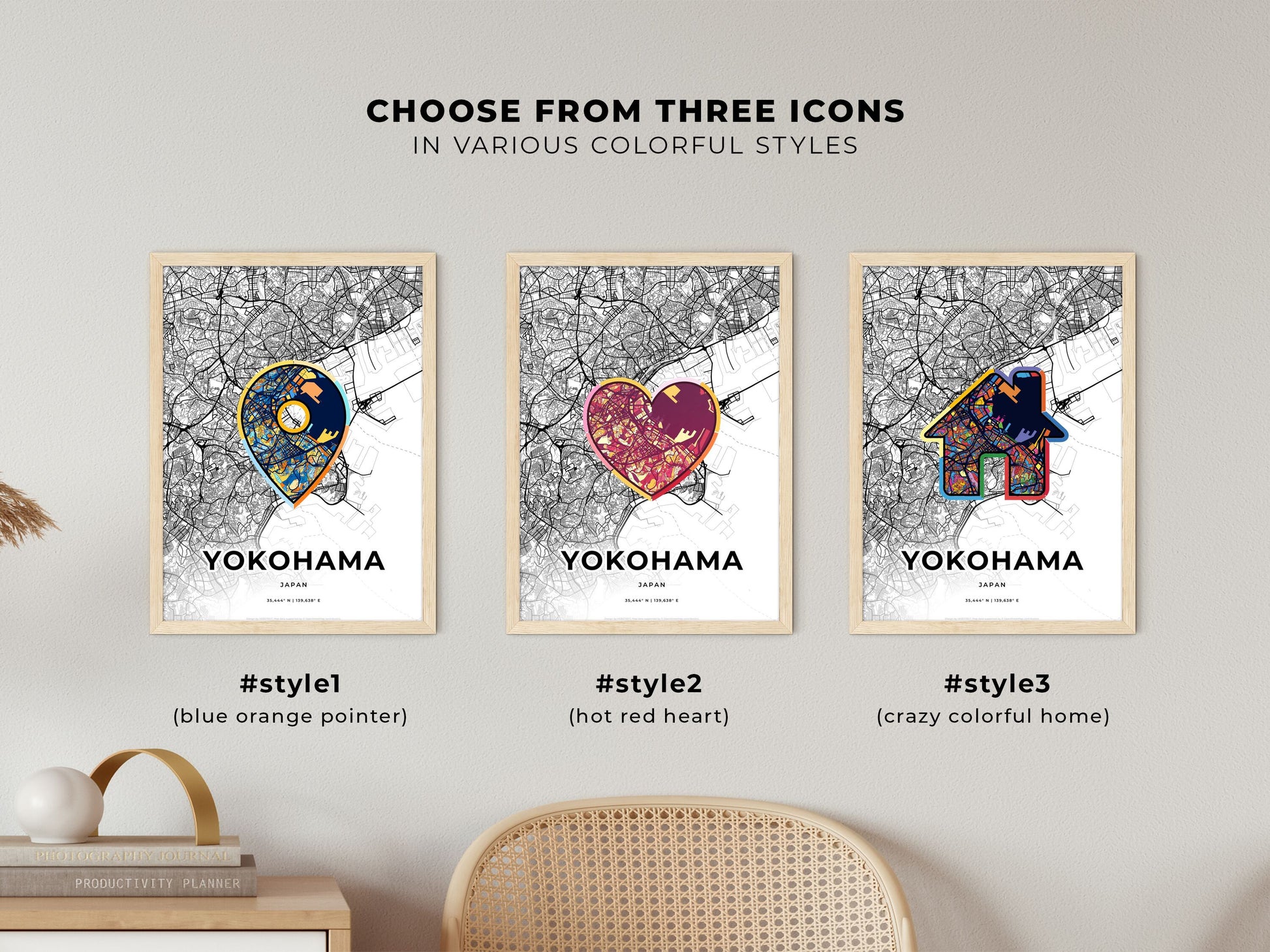 Yokohama Japan maps with colorful icons