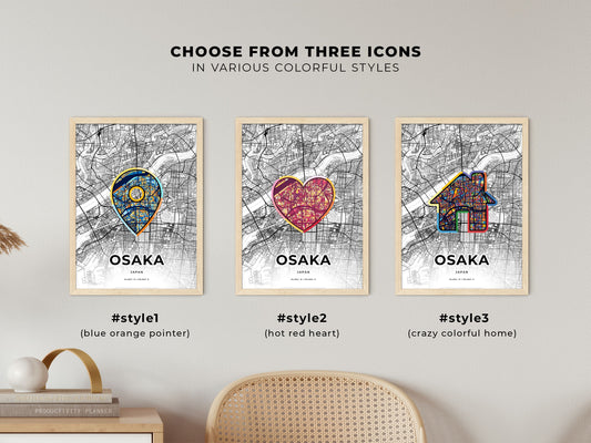 Osaka Japan maps with colorful icons