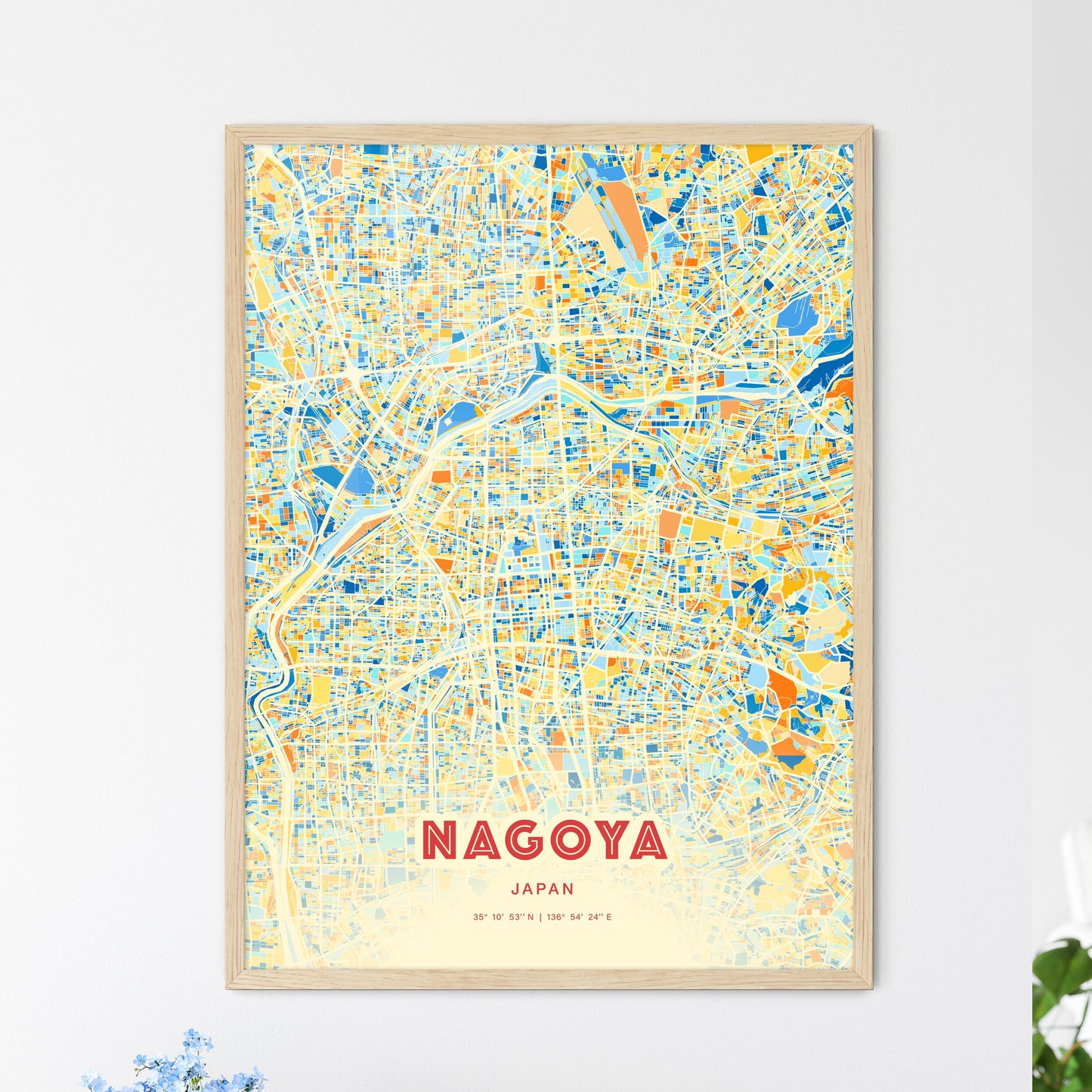 Colorful Nagoya Japan Fine Art Map Blue Orange