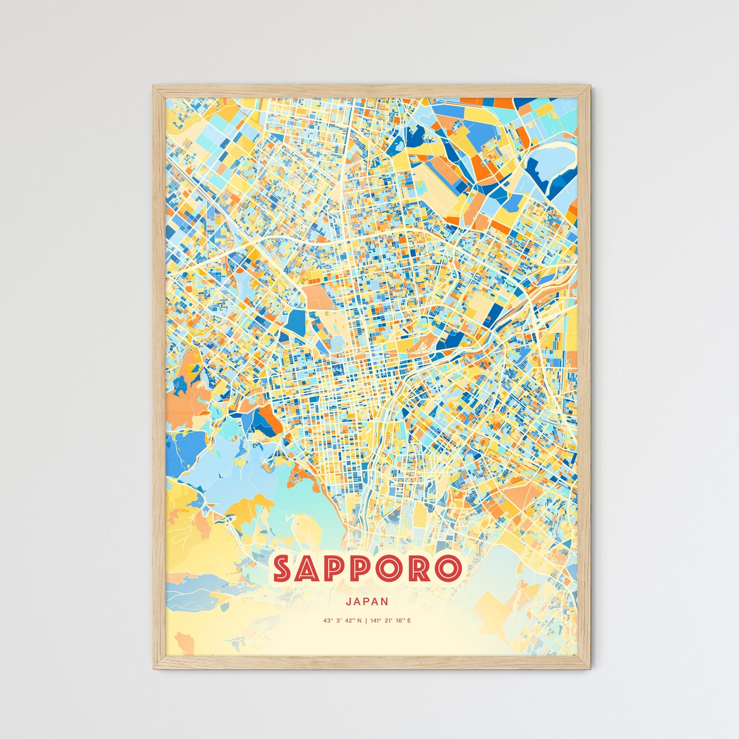 Colorful Sapporo Japan Fine Art Map Blue Orange
