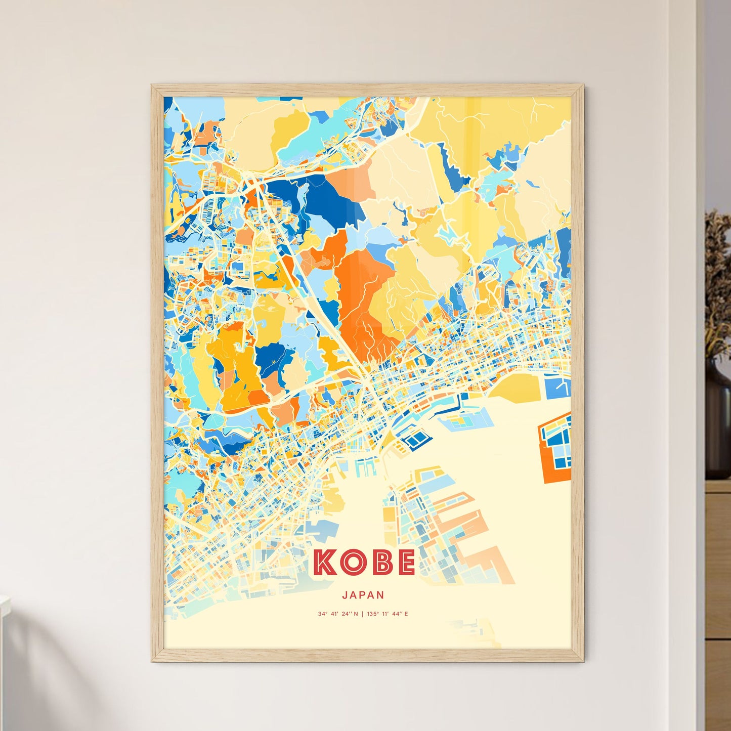 Colorful Kobe Japan Fine Art Map Blue Orange