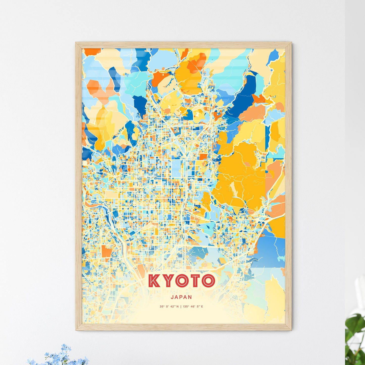 Colorful Kyoto Japan Fine Art Map Blue Orange