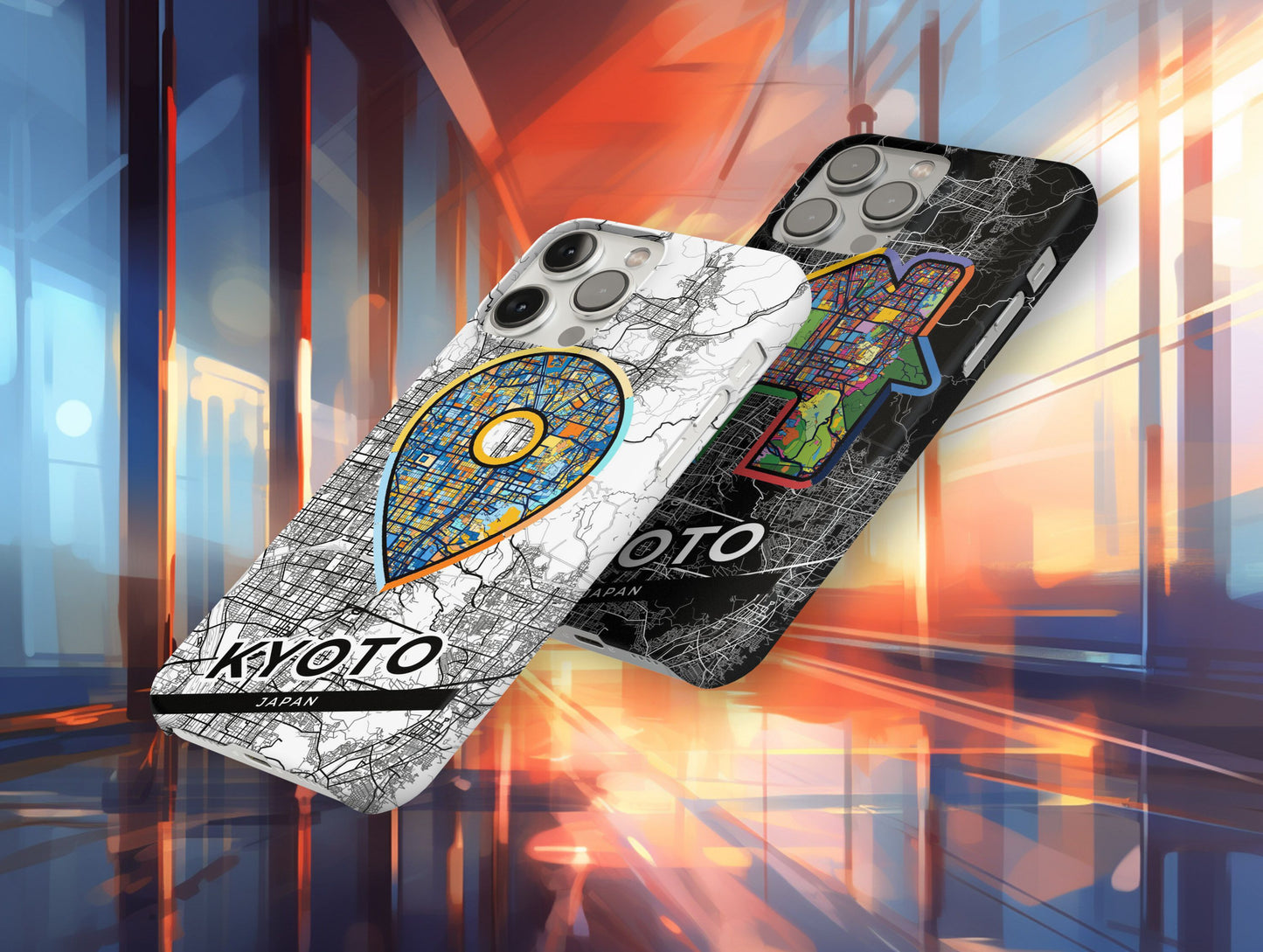 Kyoto Japan slim phone case with colorful icon. Birthday, wedding or housewarming gift. Couple match cases.