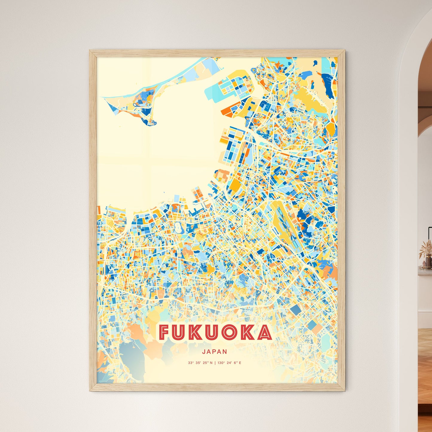 Colorful Fukuoka Japan Fine Art Map Blue Orange