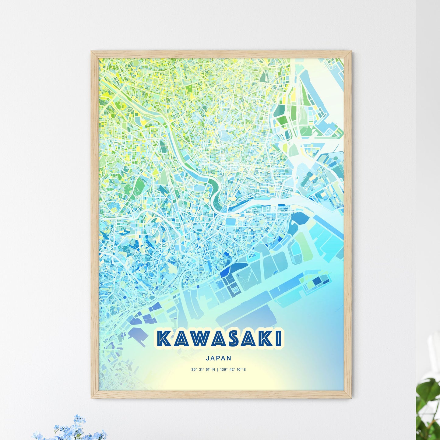 Colorful KAWASAKI JAPAN Fine Art Map Cool Blue