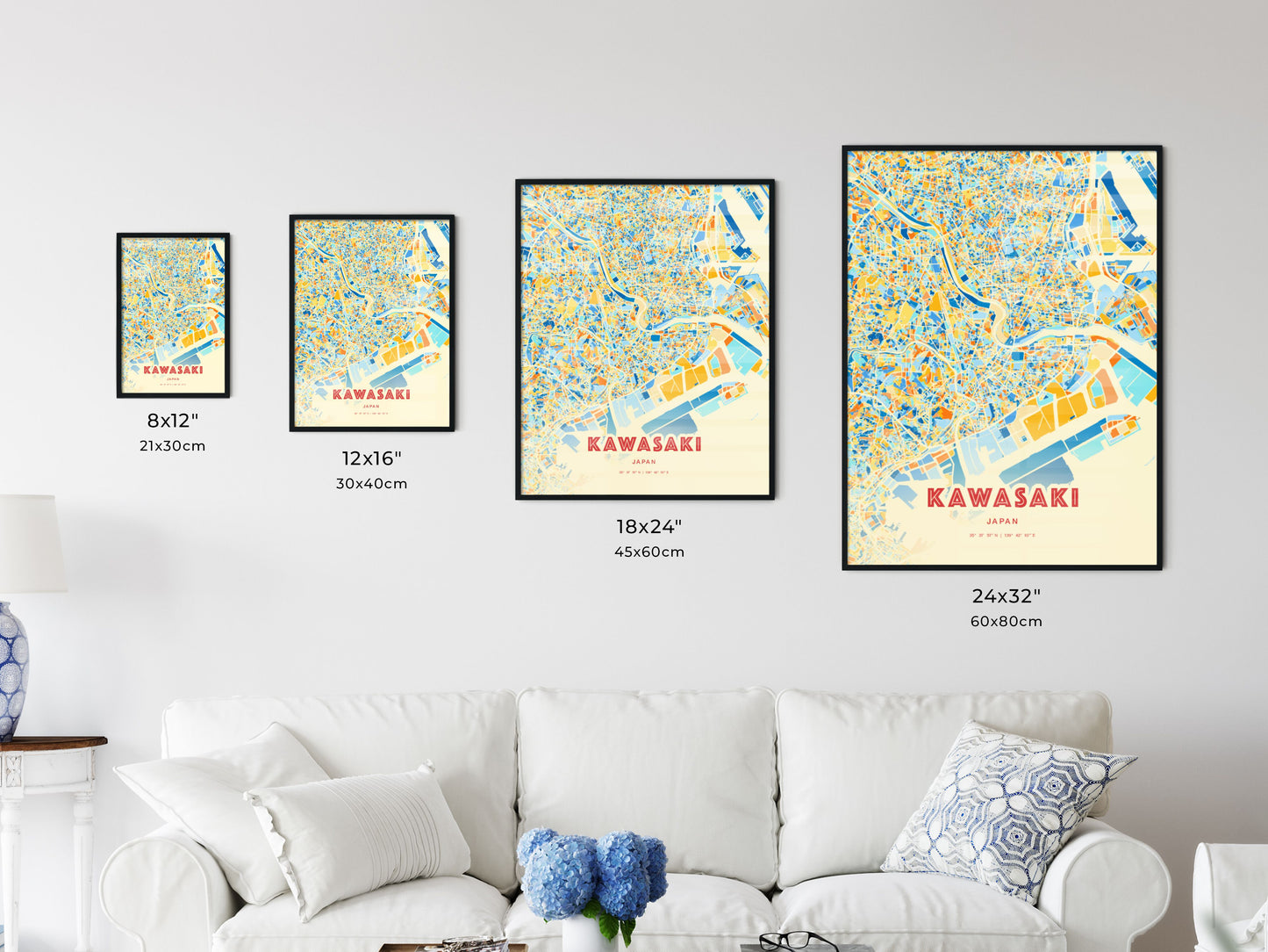 Colorful KAWASAKI JAPAN Fine Art Map Blue Orange