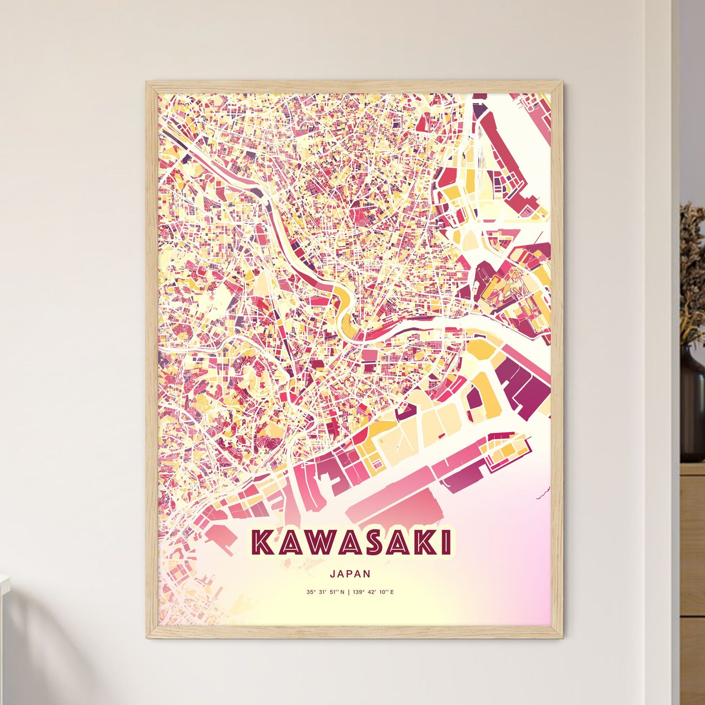 Colorful KAWASAKI JAPAN Fine Art Map Hot Red