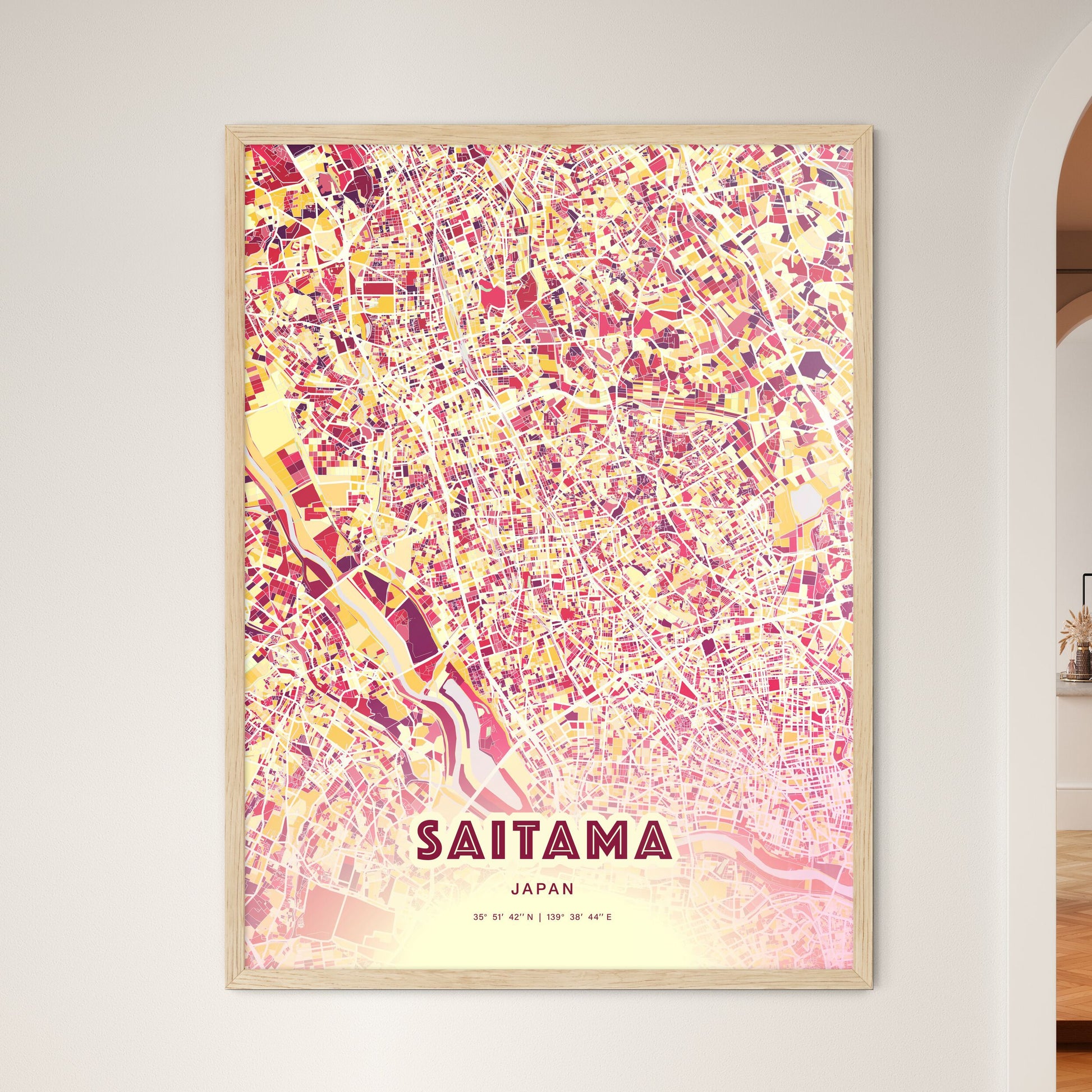 Colorful SAITAMA JAPAN Fine Art Map Hot Red