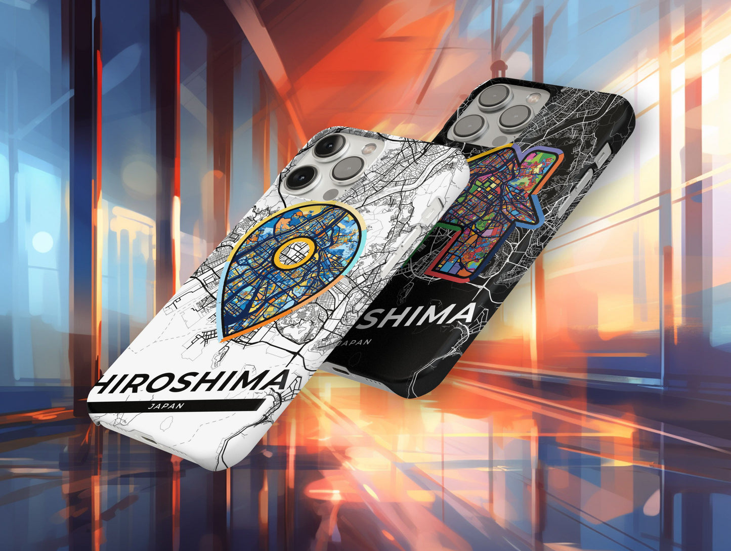 Hiroshima Japan slim phone case with colorful icon. Birthday, wedding or housewarming gift. Couple match cases.