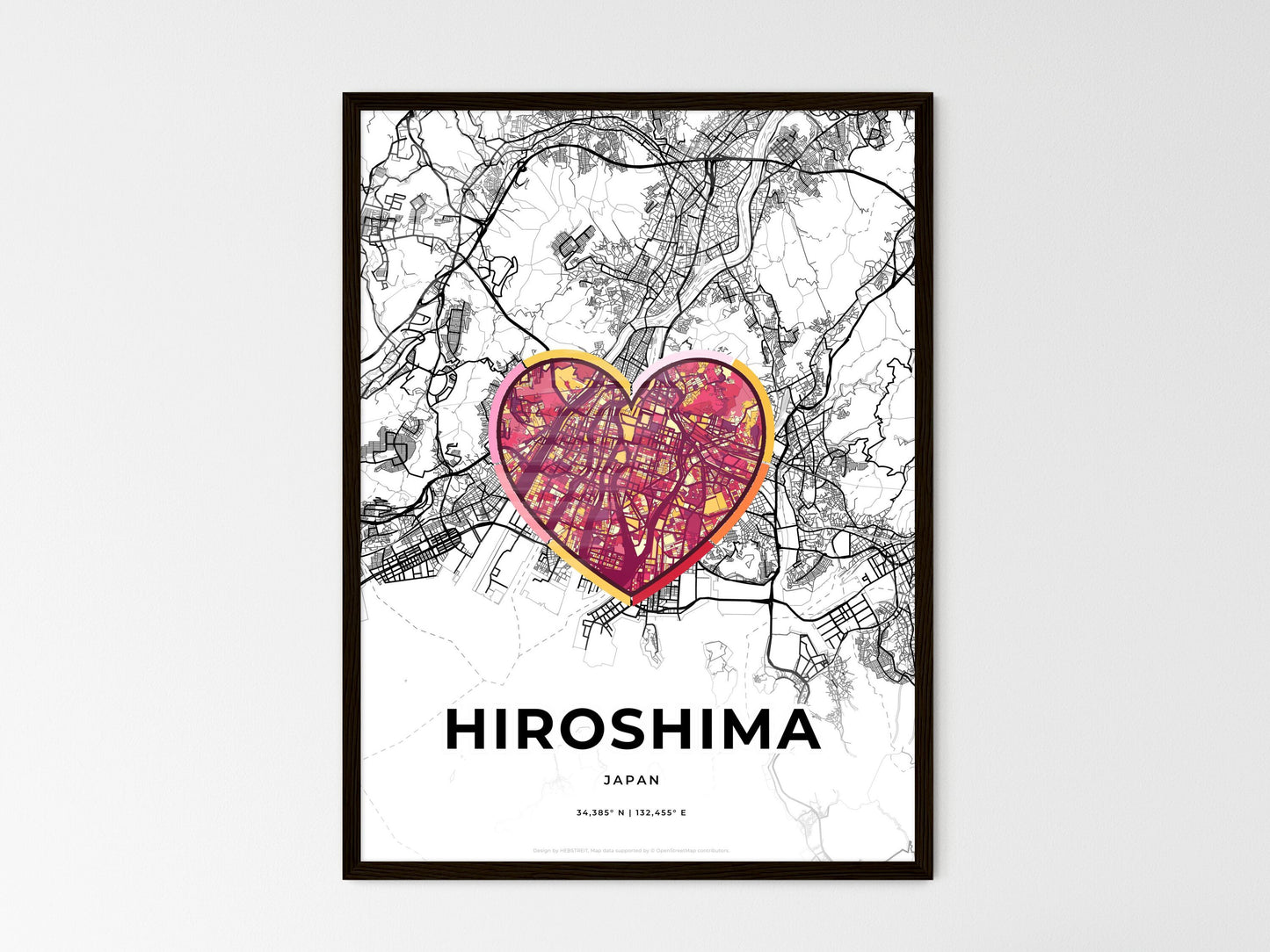 Hiroshima Japan wedding art map with heart icon