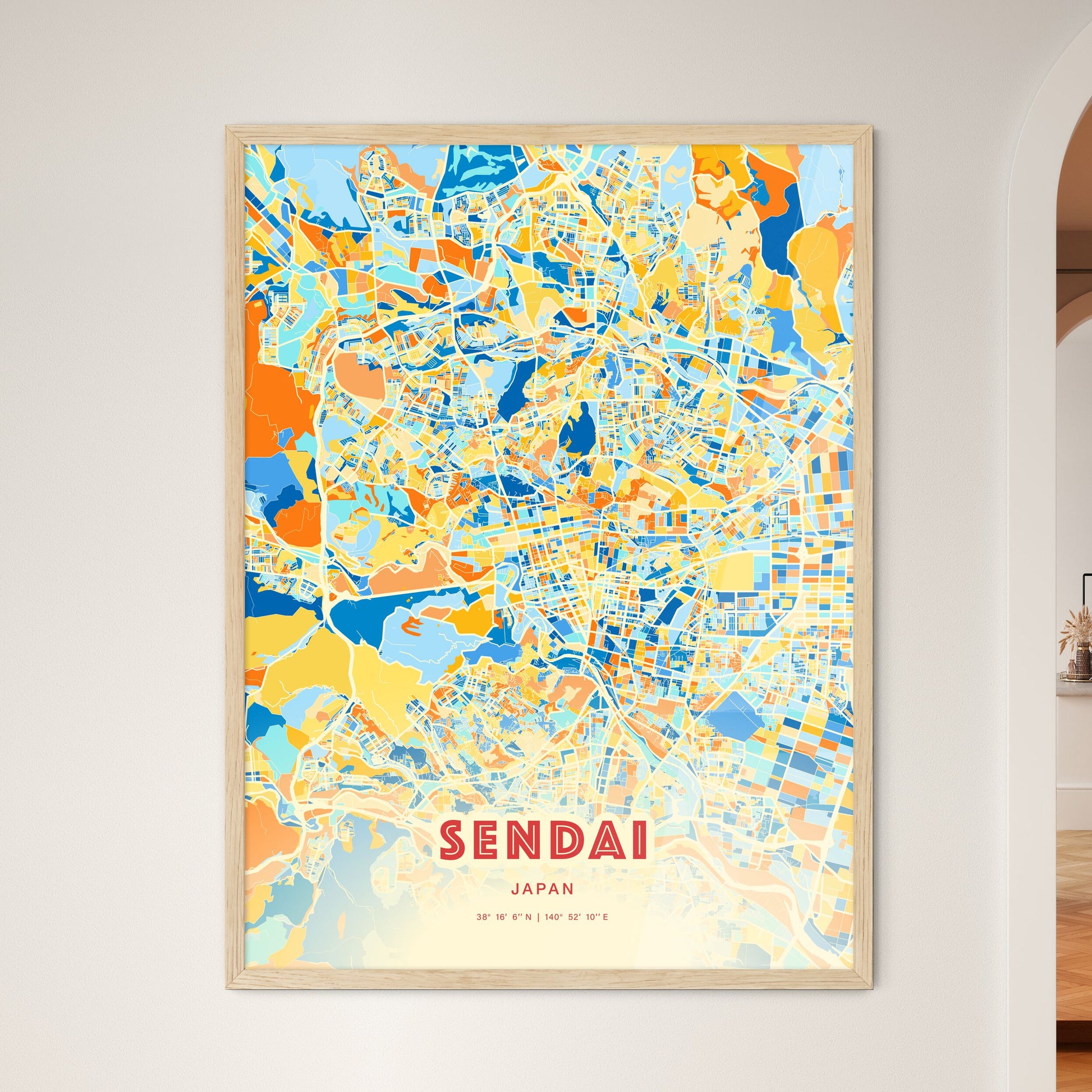 Colorful SENDAI JAPAN Fine Art Map Blue Orange