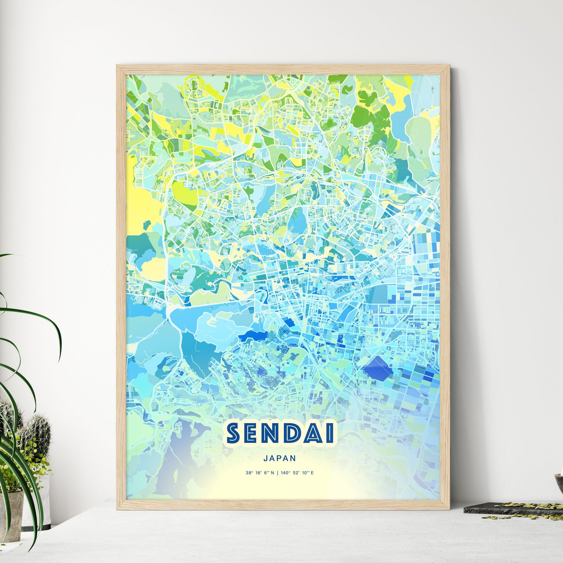 Colorful SENDAI JAPAN Fine Art Map Cool Blue