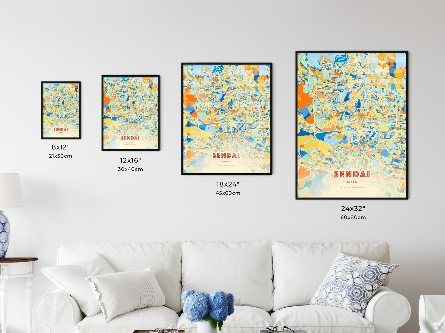 Colorful SENDAI JAPAN Fine Art Map Blue Orange