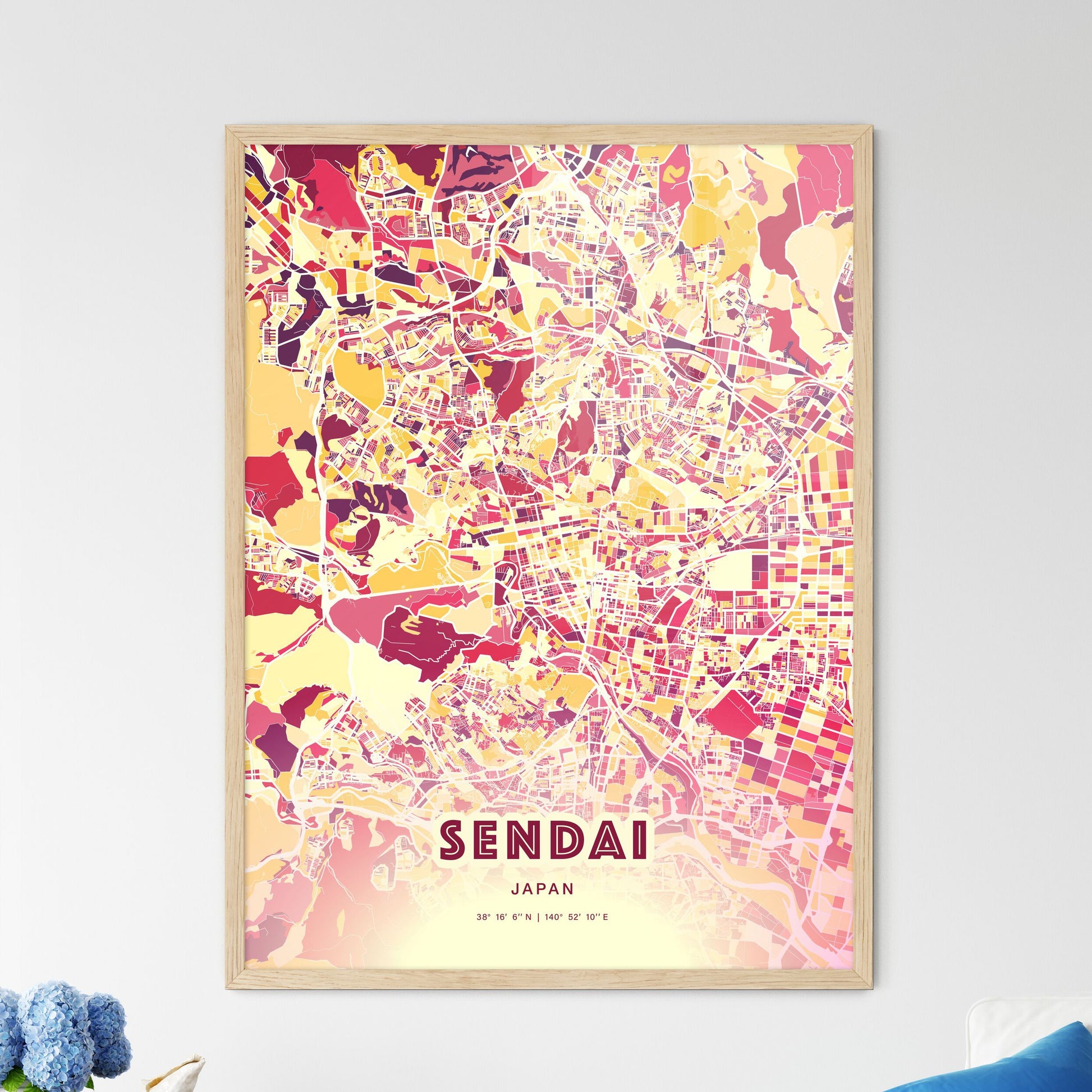 Colorful SENDAI JAPAN Fine Art Map Hot Red