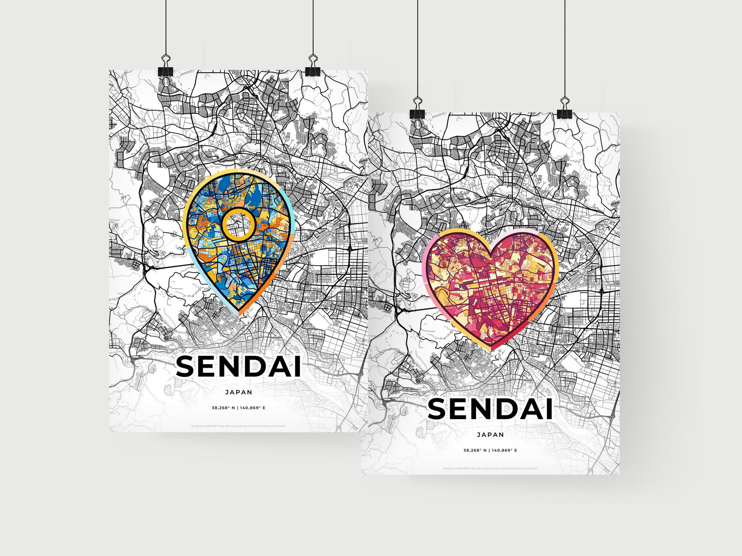 SENDAI JAPAN minimal art map with a colorful icon.